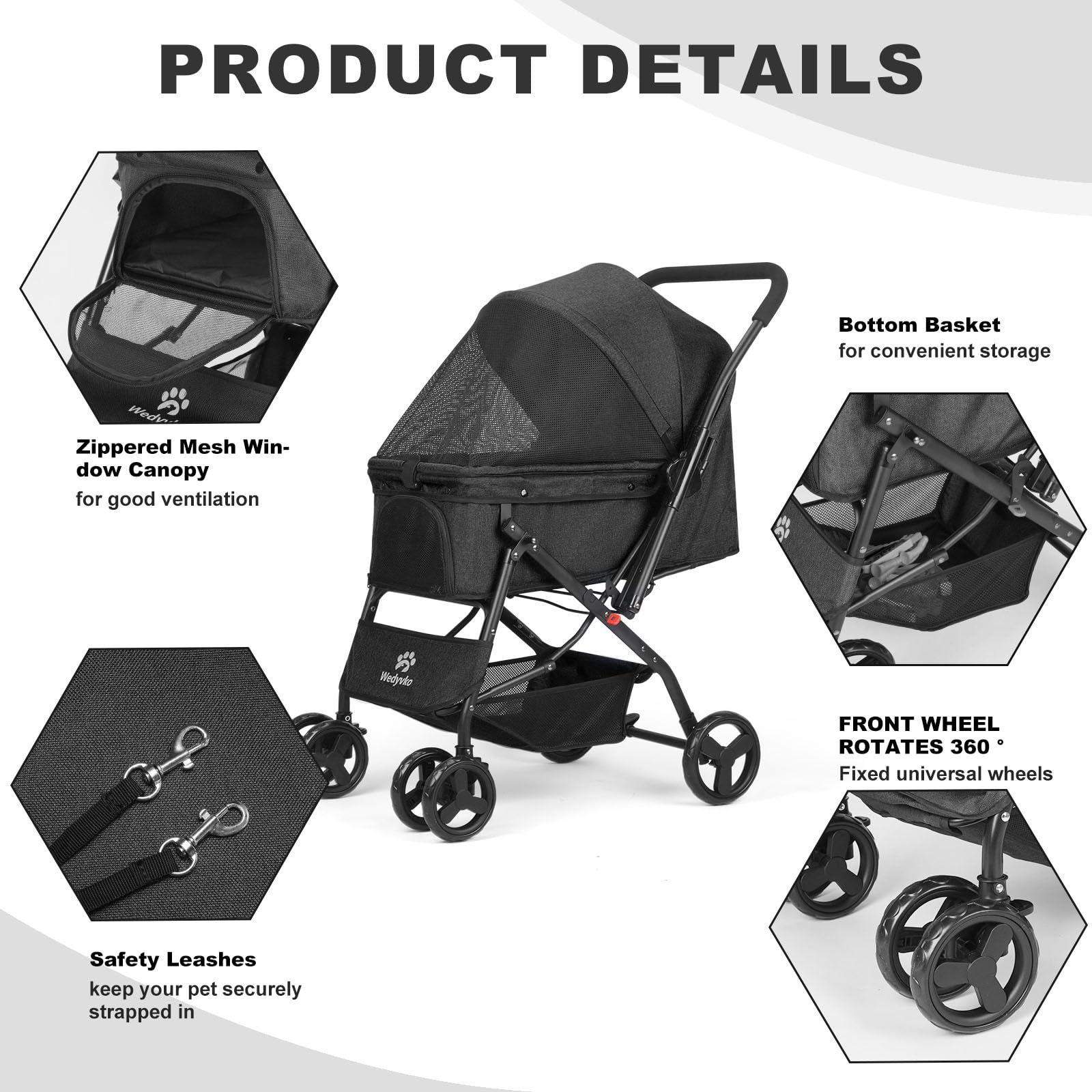 Poussette pliable pour animal de compagnie avec panier de rangement, roue avant à 360° avec frein, poussette de voyage légère pour chiens et chats de petite et moyenne taille (noir 1, 4 roues)