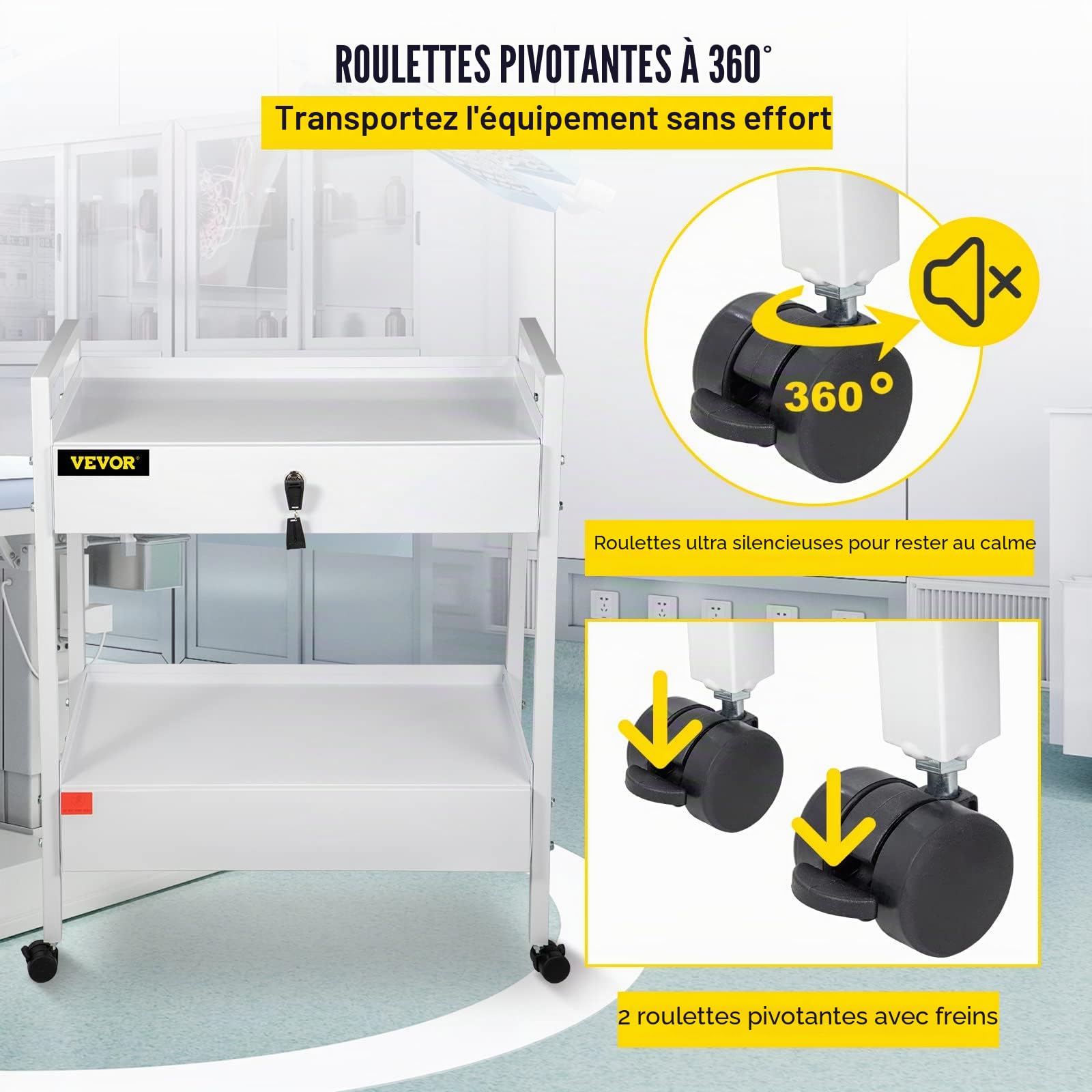 VEVOR Chariot de Laboratoire 2 Niveaux, Chariot Médical en Acier Inoxydable, Chariot de Service Grande Capacité de Charge 100 kg, avec 2 Tiroirs, pour Laboratoire Salon Hôpital, Usage Dentaire, Blanc