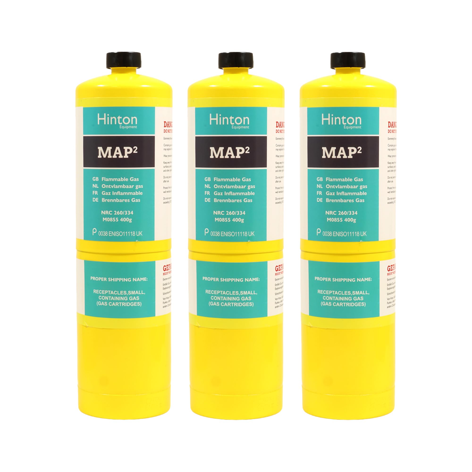 Hinton MAP PRO Gas Cylinder 400g - Pack of 3 | MAPP Gas Bottle for Blowtorch, Plumbing, Brazing, Soldering & Heating | CGA600 Propylene Torch Fuel