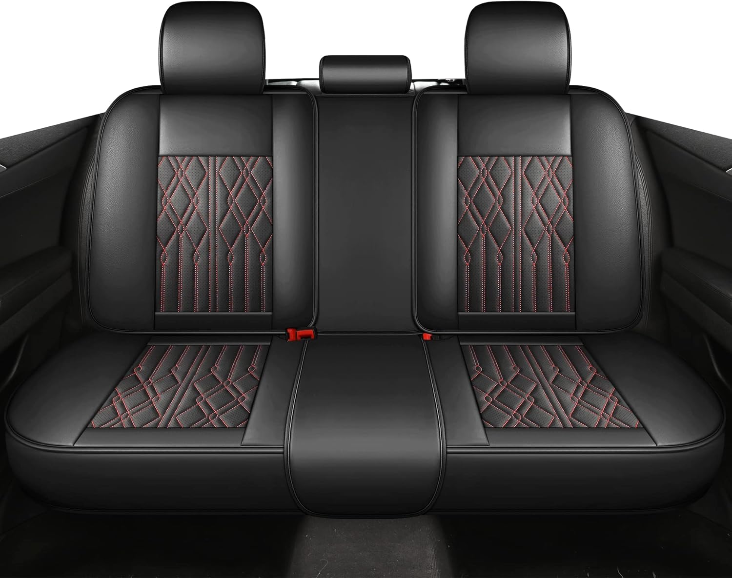 Huidasource Leather Back Row Seat Covers, Waterproof Rear Split Bench Car Seat Covers, Vehicle Seat Cushion Cover Protector Universal Fit for Most Cars Sedan SUV Pickup Truck(Back Row Black&Red)