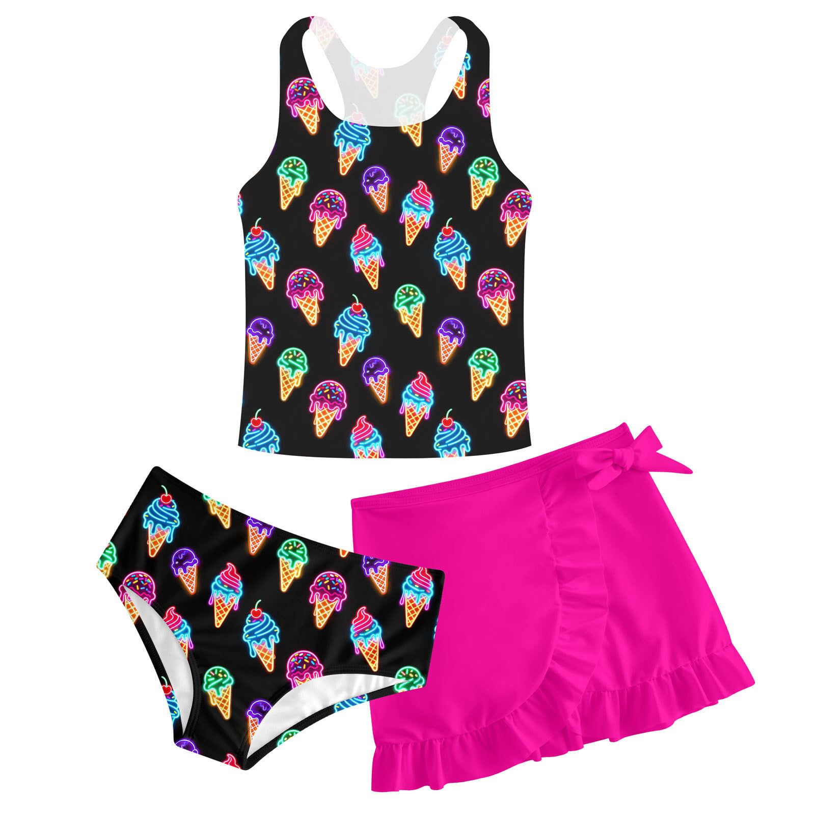 Girls Swimsuits 3 Piece Tankini Bathing Suit Set Cute Bikini Swimwear 5-16Y | 3 Piece, Padded, Cover Up Skirt, Lightweight，Breathable， No Shrink, No Fade, 3D Print Swimsuit for Beach Holiday Vacation
