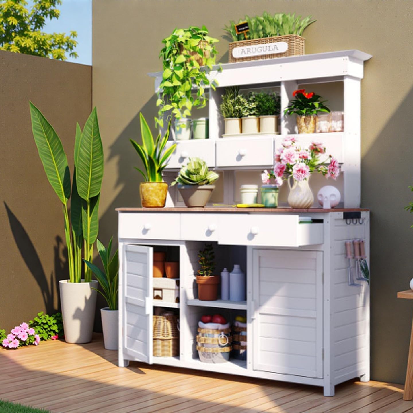 Outdoor Garden Workstation with Storage Shelves and Cabinets, Potting Bench Table with Hutch and Drawers & Side Hooks for for Garden, Patio, Greenhouse, White