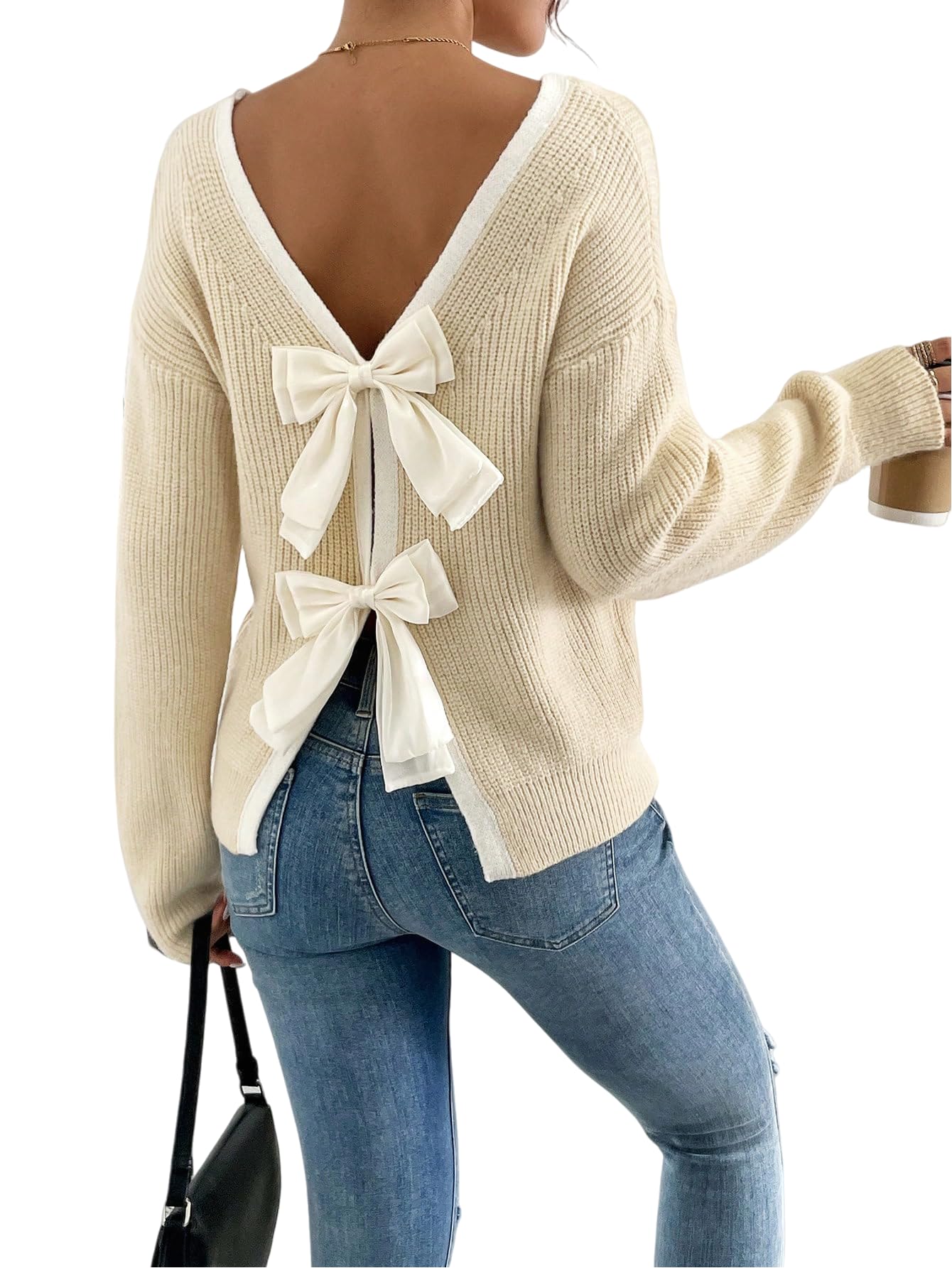 fotklax Women's Off The Shoulder Pullover Bow Ribbed Knit Sweater Cute Crew Neck Long Sleeve Trendy Cozy Sweaters-picture-32