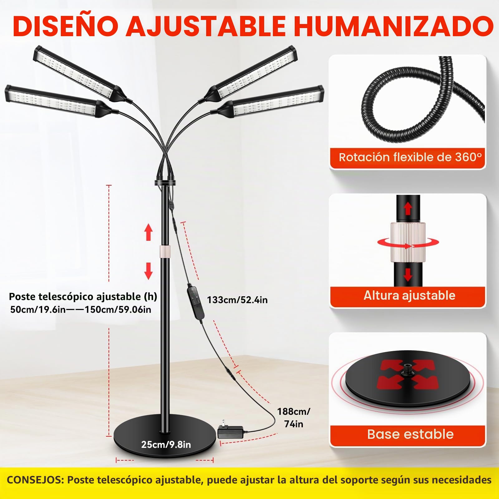 Viconor Ámpara De Terapia Luz Roja, Infrarroja 4 Cabezales Para Dispositivo Corporal Con Soporte Ajustable, Roja 660 Nm Y Cercana, L