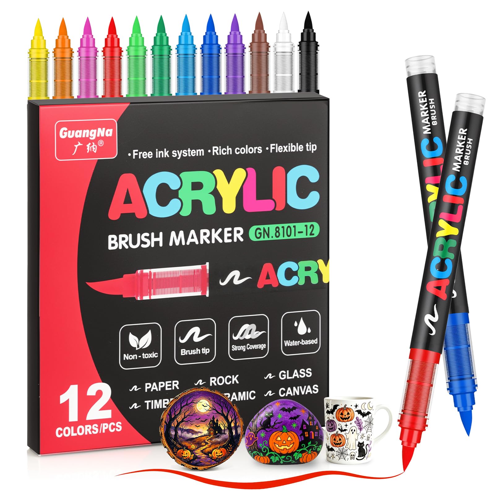 12 Colors Acrylic Paint Markers, Brush Tip, Waterproof Ink for Halloween Pumpkin Decor, R…