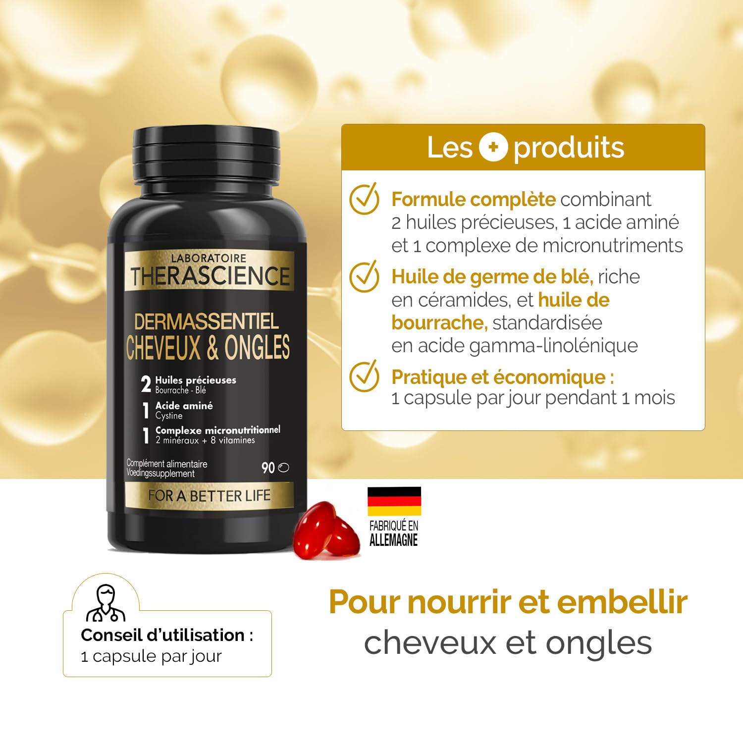 DERMASSENTIEL CHEVEUX & ONGLES | Nourrit & Fortifie | Cure 3 mois | 13 nutriments essentiels | Acide-γ-Linolénique et Céramides | Vitamines B6 & B8 | Cystine | 90 Capsules | Laboratoire THERASCIENCE