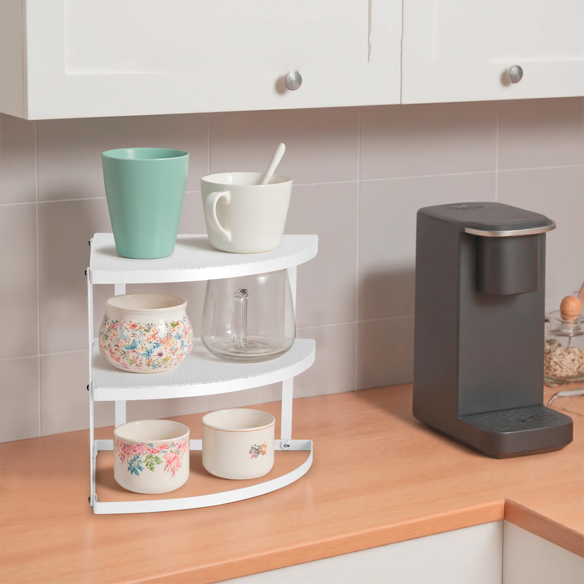ROFAY 3 Tier Metal Corner Dish Organizer for Kitchen Counter and Cabinet, Corner Shelf for Dishes, Plates, Pantry and Bathroom Storage, White
