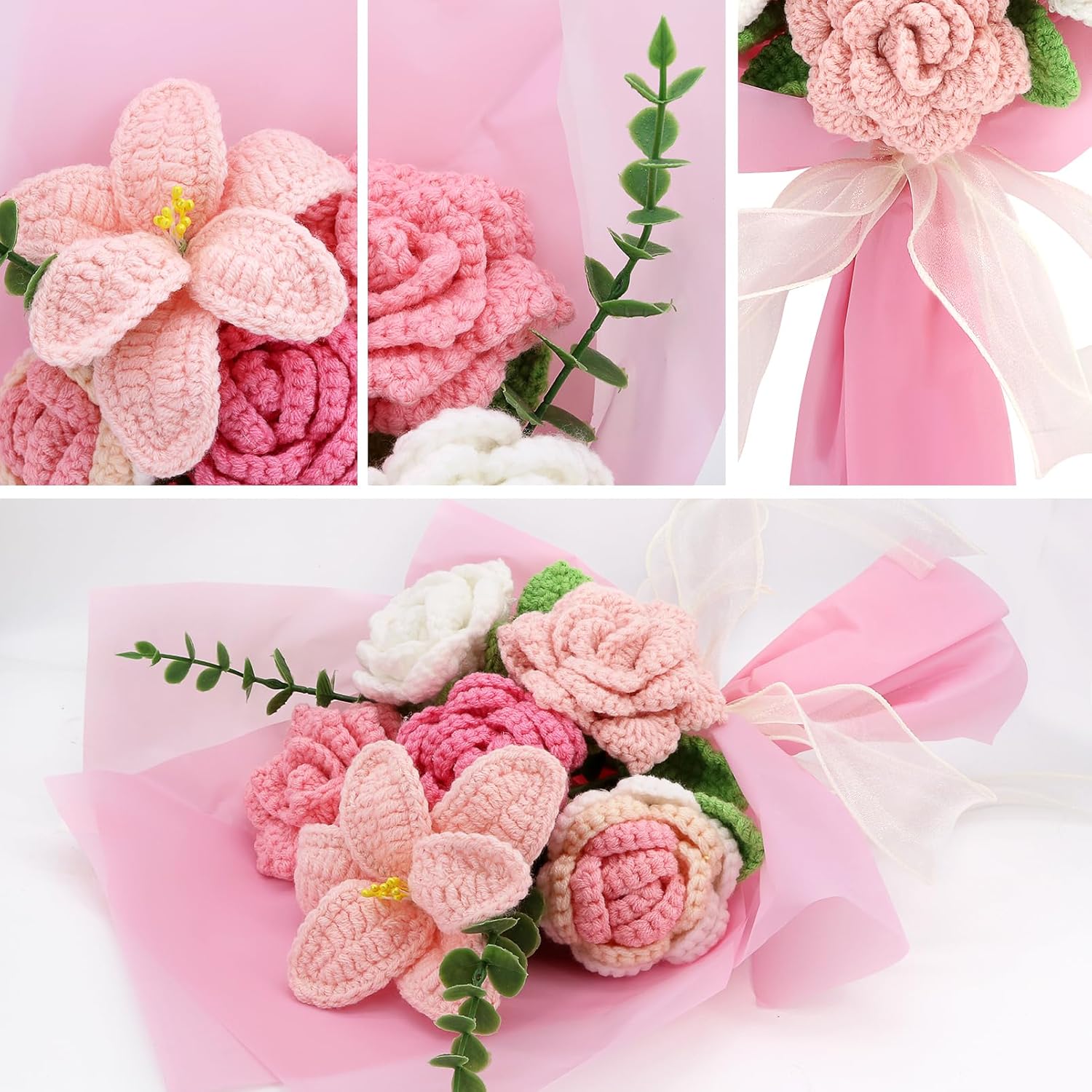 Marvogo Handmade Crochet Sunflowers Rose Daisy as a Gift for Lover, Family,Friends. Crochet Bouquet, Crocheted Yarn Flowers, Artificial Flower Finished Bouquet (Pink)