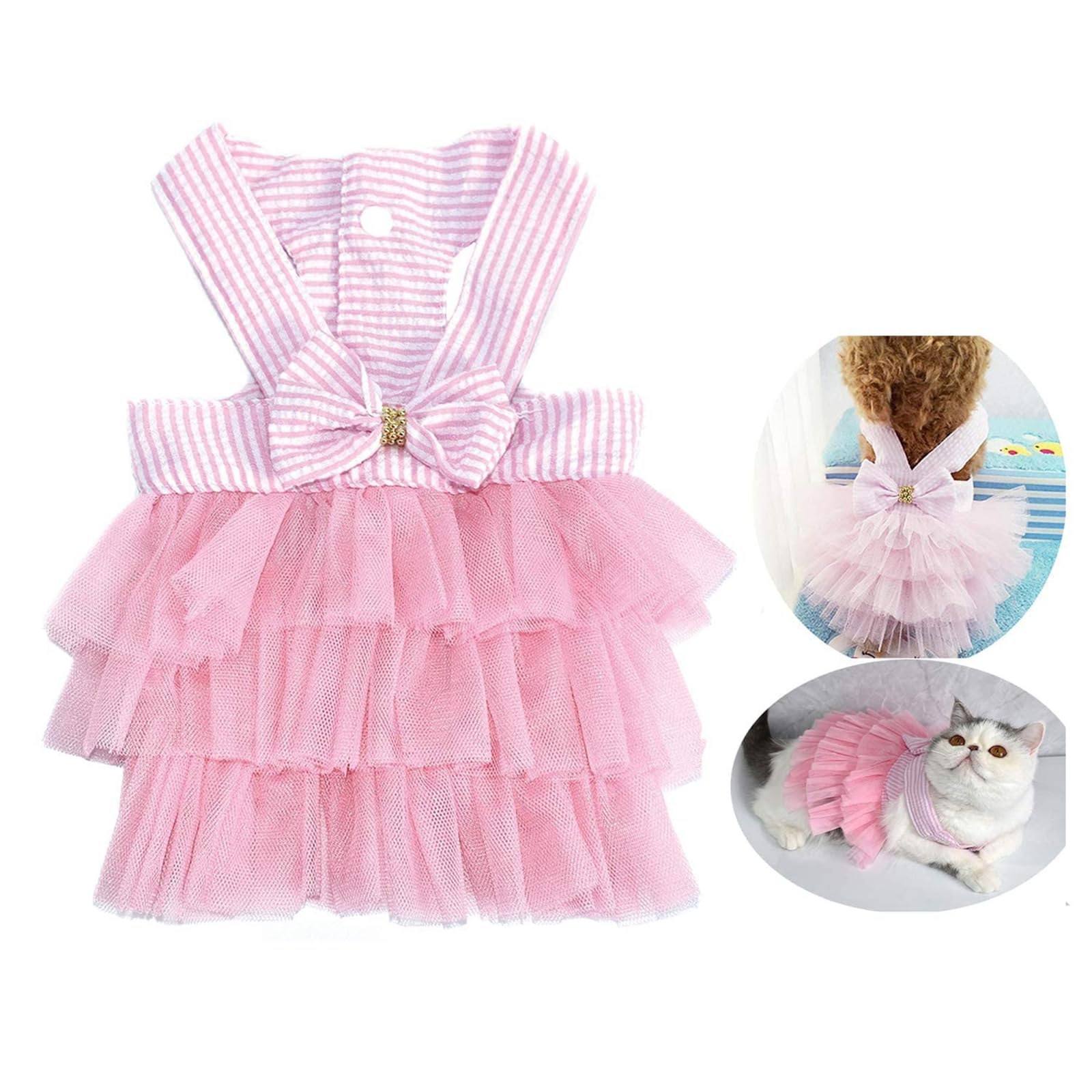 JoyzzzPet Dog Dress, Adorable Fancy Striped Mesh Dress, Striped Mesh Puppy Dog Vest Tutu Princess Dress Skirt with Bowknot, Princess Petite Vest Doggie Bowknot Dresses for Small Dogs (M)