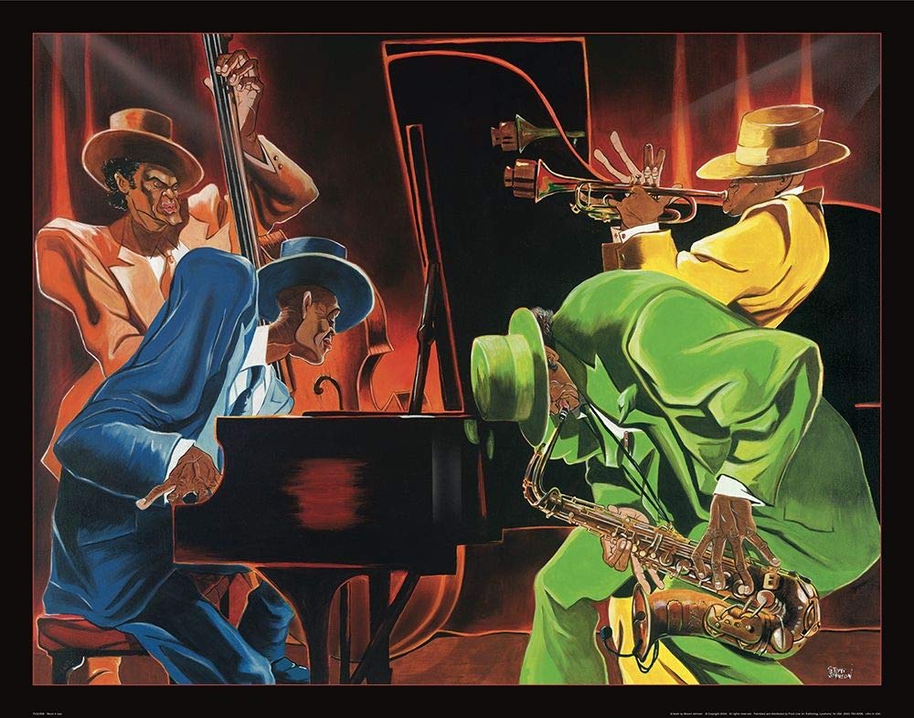 TELA-FRAMED-with-AMERICAN-BOX Jazz Quartet Archivio - Musica orizzontale Stampa artistica Jazz tromba sax pianoforte Cornice galleggiante 24_X_31_in