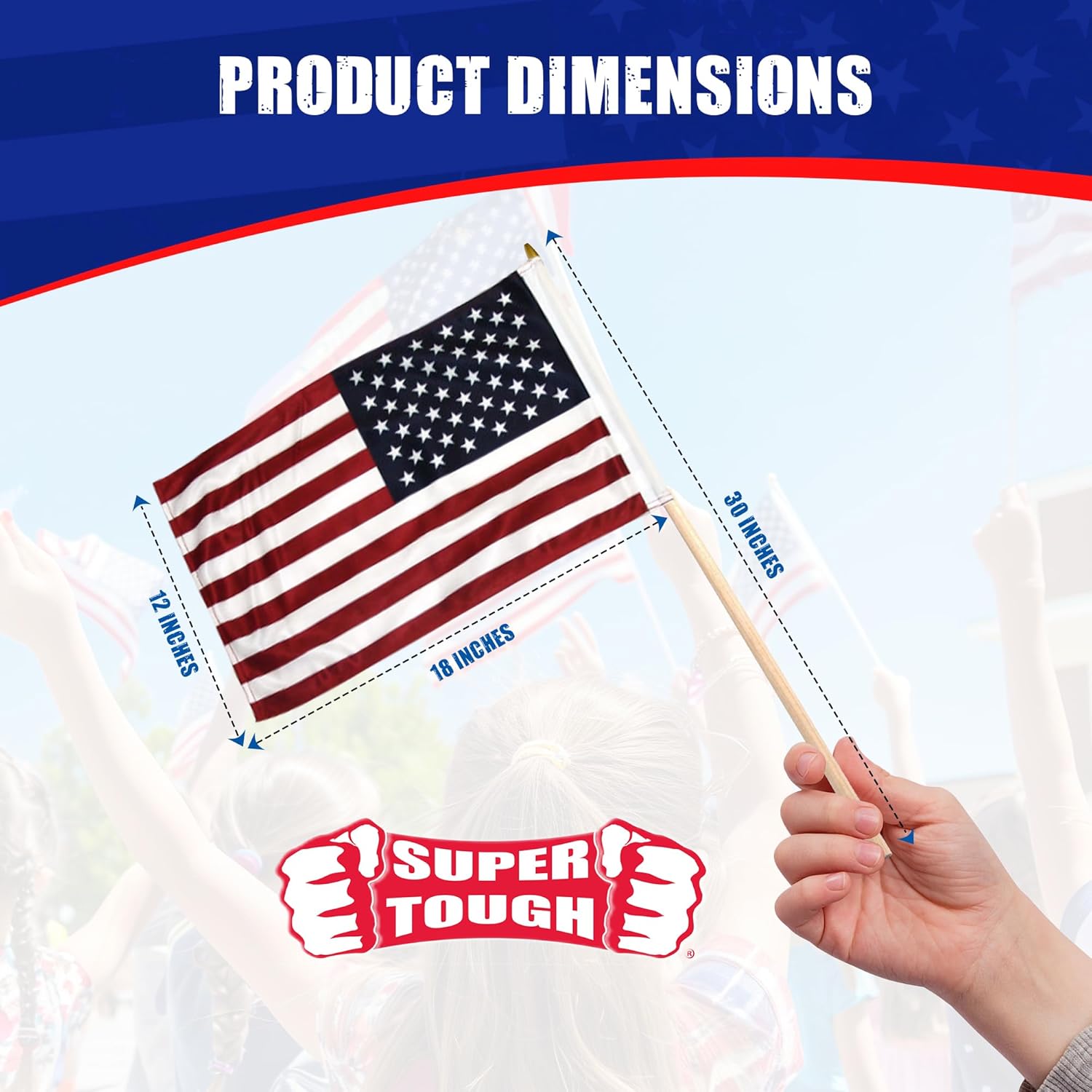 Super Tough American Flag | 1x1.5 FT Outdoor USA Flag | 30" Durable Wooden Stick with Spear Tip | 12x18 inch Heavy Duty Durable Polyester | Double Sided | US Stick Flag | All-Weather Flag | 12 Pack