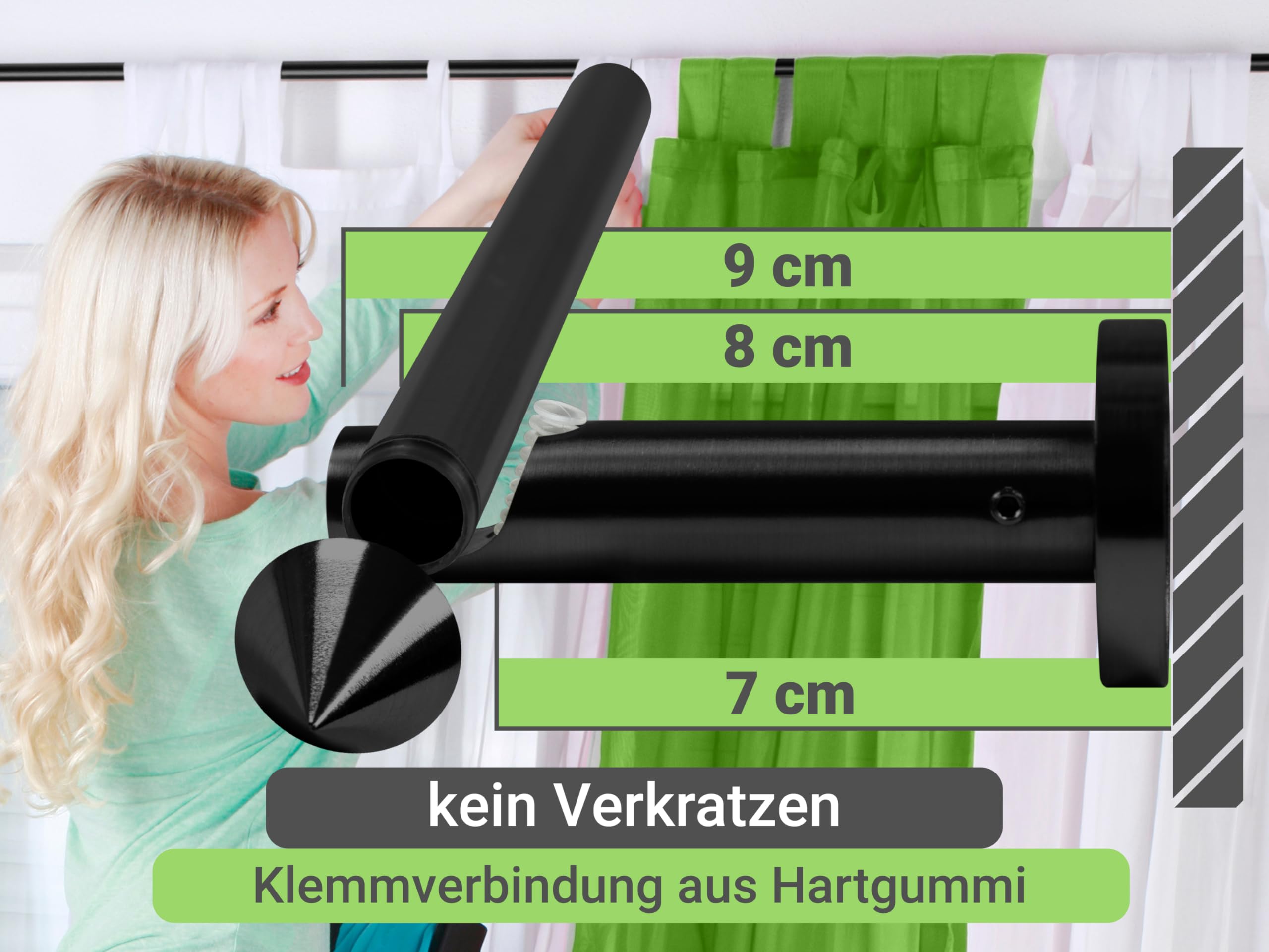 Tringle a rideaux télescopique noir 160-310 cm - Tringle rideau extensible et réglable, également utilisable comme tringle de douche - Embouts cône