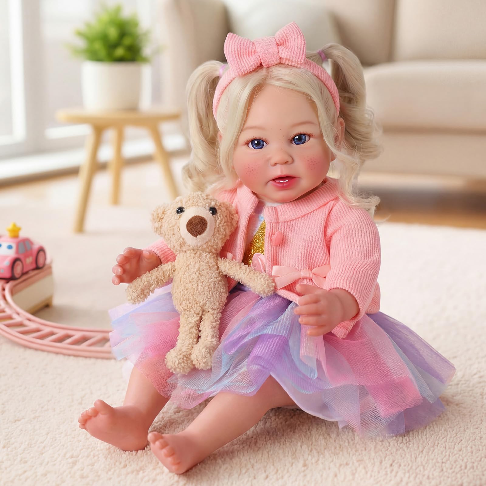 BABESIDE Reborn Baby - 17 Zoll Handgemachte Lebensechte Puppe mit Langen Grauen Haaren - Realistische Babypuppen Mädchen mit Spielzeugzubehör für Kinder Ab 3 Jahren