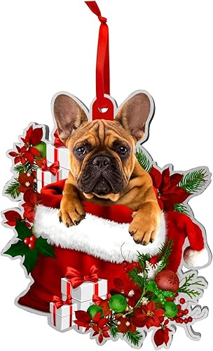 Adornos para perro Bulldog francés, árbol de Navidad, caja de regalo roja Frenchie de aluminio (no 3D), decoración de Navidad 2023 para amantes de