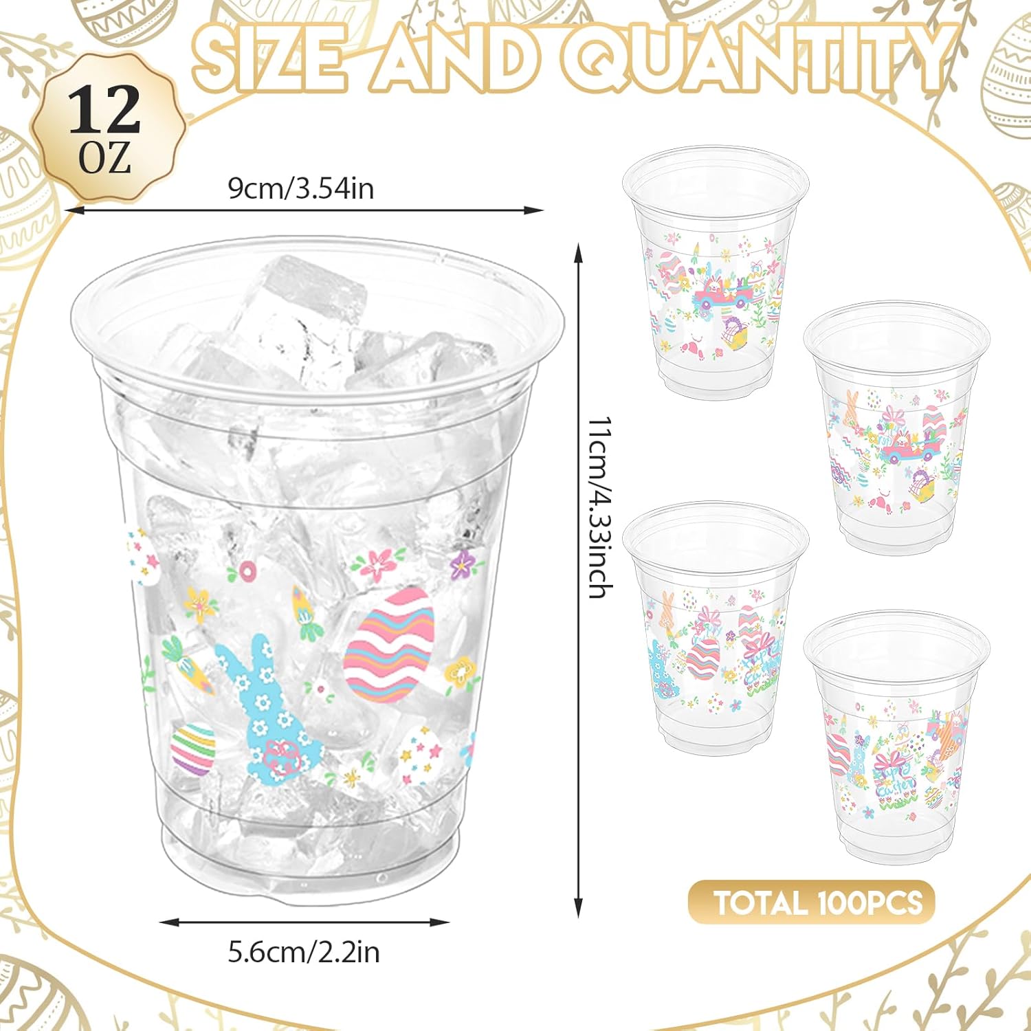 100 Pcs Easter Rabbit Plastic Drinking Cups, 12 oz Clear Disposable Party Cups for Easter, Spring, Birthday Parties