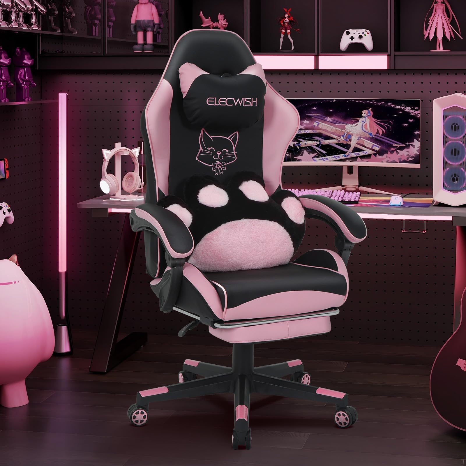 Chaise De Gaming MEENICE - Velours Doux, Oreilles De Chat, Repose-Pieds - Ergonomique Pour Filles/Ados - Noir/Rose