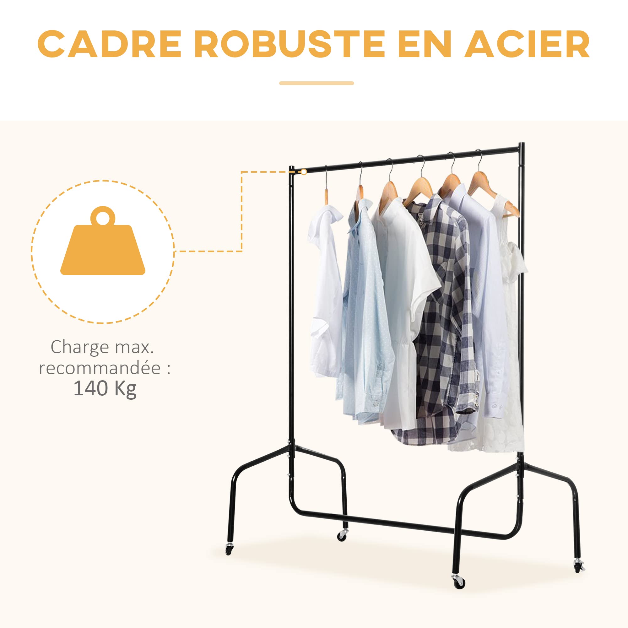 HOMCOM Portant à Vêtements Roulettes 140 Kg 120 x 60 x 170 cm Acier Noir | Tringle a Vêtement Solide, Charge 140 Kg, Porte-Manteau