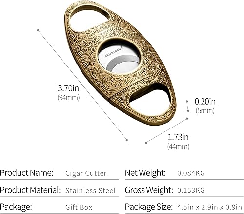 Vista 7 de CIGARLOONG Cigar Cutter Stainless Steel Bronze Engraved Double Cut Blade（Color:Gold1 CD：0.78inch ）