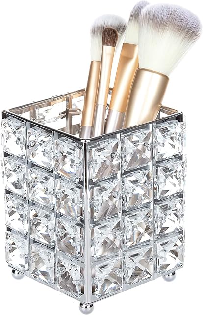Feyarl Crystal Silver Makeup Brush Holder Makeup Brush Organizer Pen Pencil Holder Storage Cosmetics Tools Container