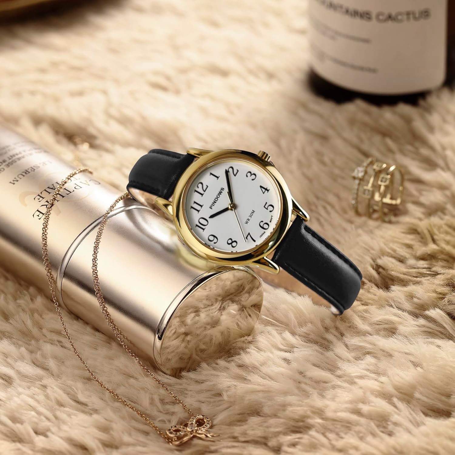 PINDOWS Minimalist Watches for Women, Gold-Tone Case with Black Leather Strap, Fashionable, Everyday Elegant Quartz Analog Dress Watch - Image 6