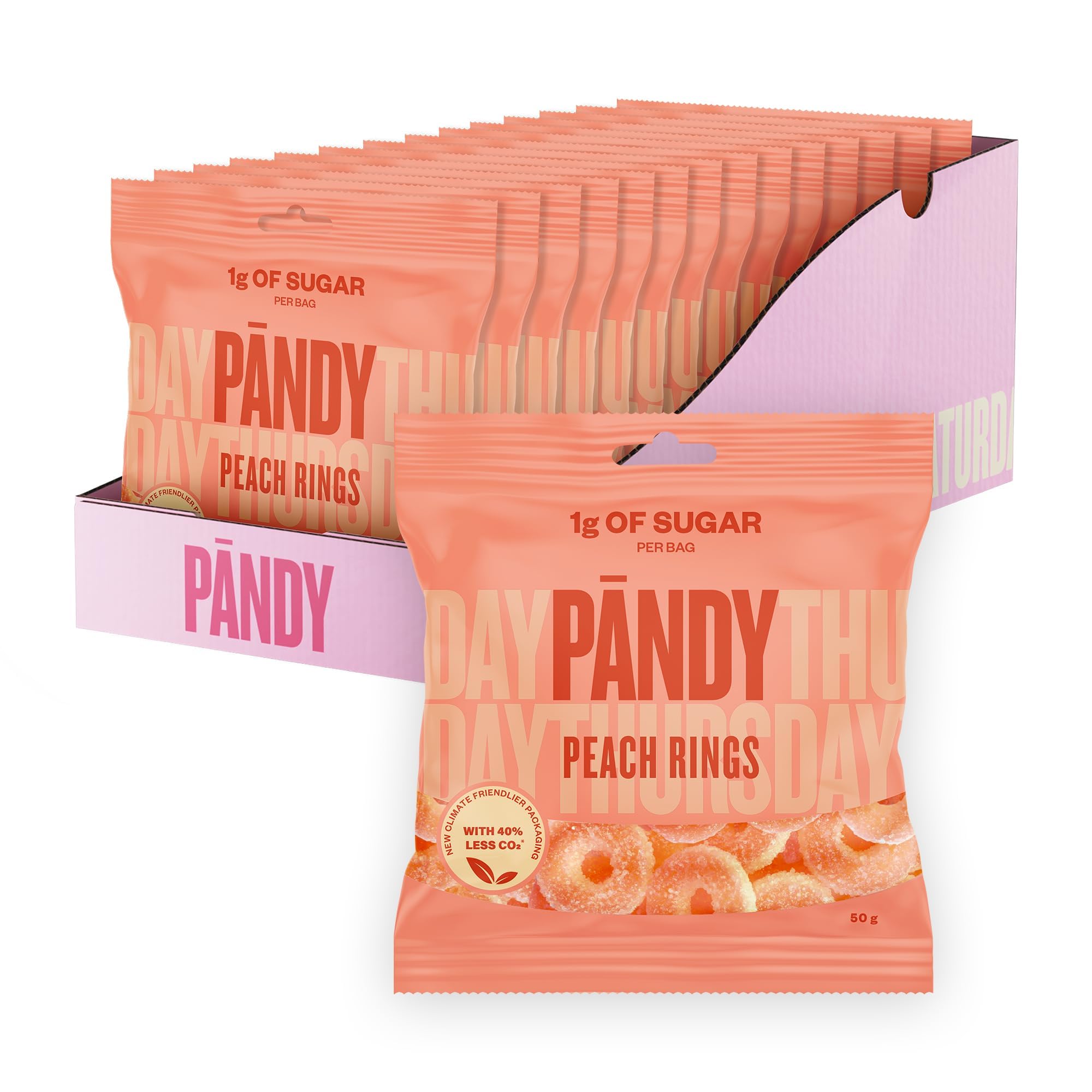 PANDY Candy Peach Rings, Only 1g Sugar & 70 Calories, Swedish Foam & Jelly Gummy Sweets,14x50g Bags