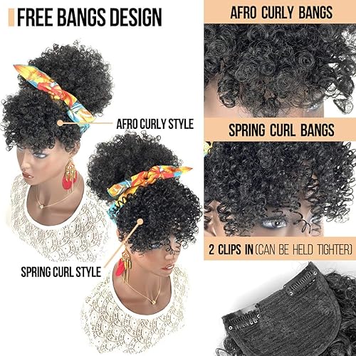 Miniatura 7 de Afro Puff Drawstring Ponytail with 2 Replaceable Bangs for Black Women Short Afro Kinky Curly Hair Bun with Afro Puff Bangs and Spring Curl Bangs