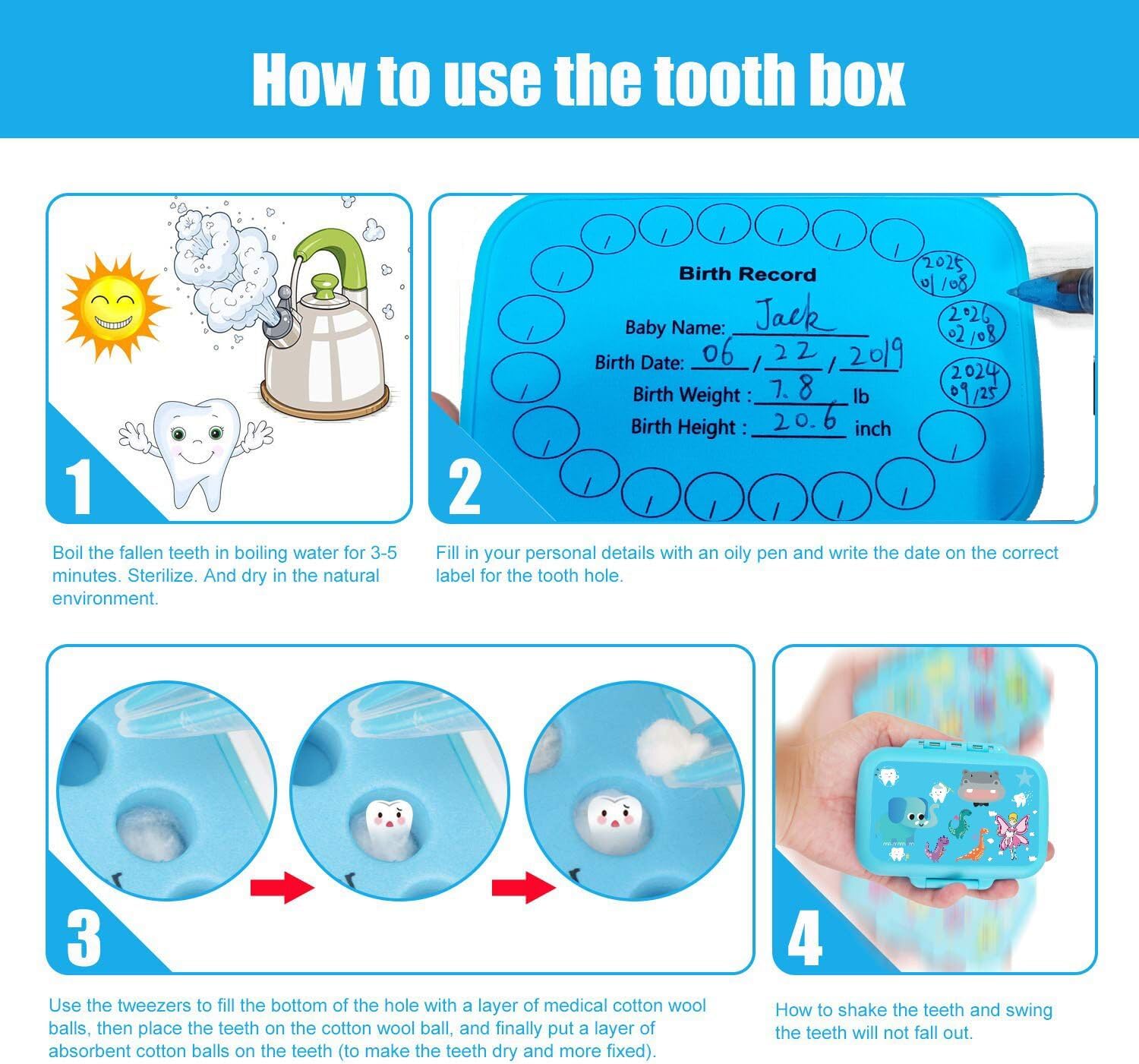 Baby Tooth Box Keepsake for Lost Teeth for Kids Blue Plastic Storage Holder Tooth Fairy Box with Tweezer for Keeping Boys Girls Memory 1 Pack image 3