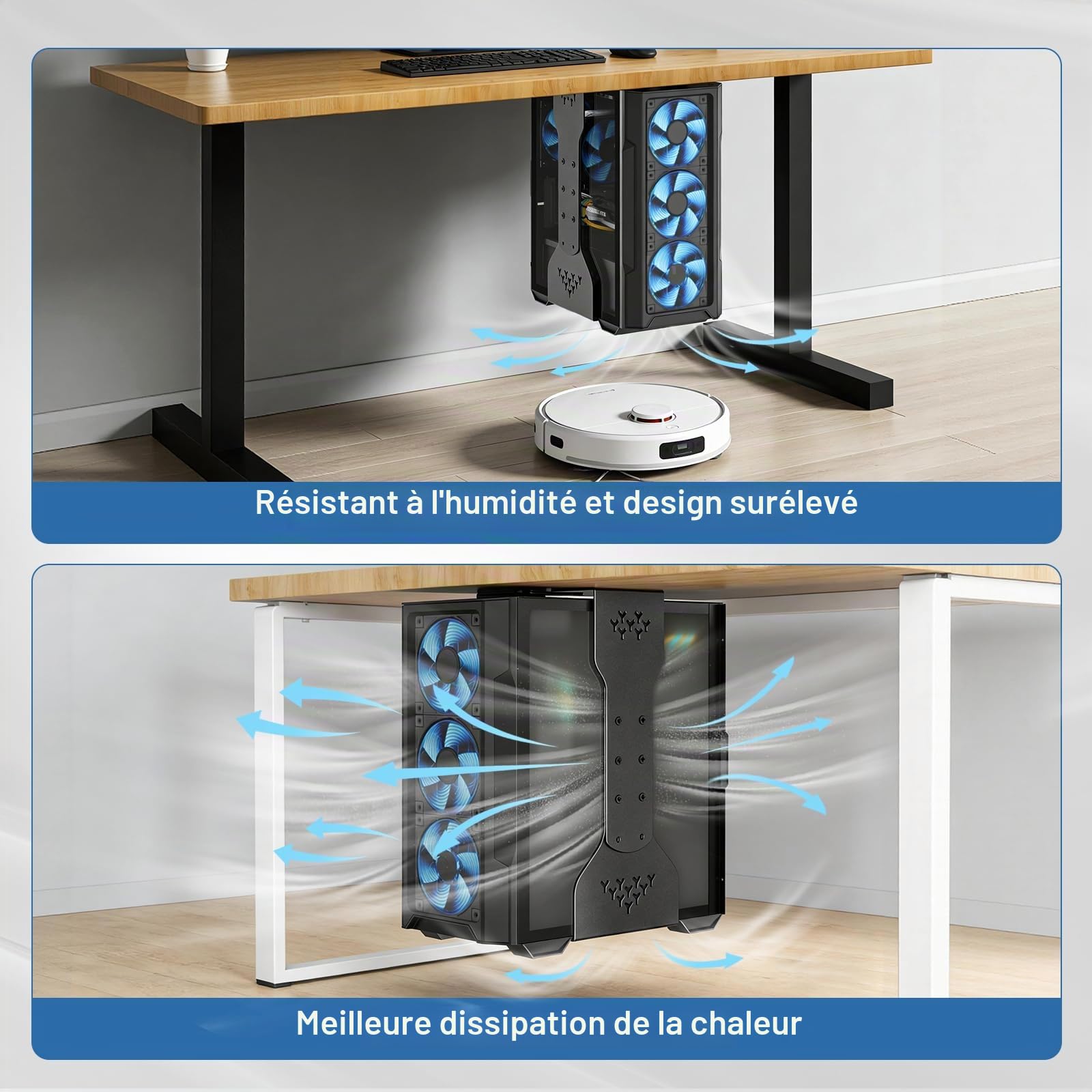 Support pour ordinateur sous bureau avec capacité de charge de 35 kg, hauteur réglable (34 à 65 cm), support universel pour tour d'ordinateur pour bureau, maison et lieux de travail - Noir