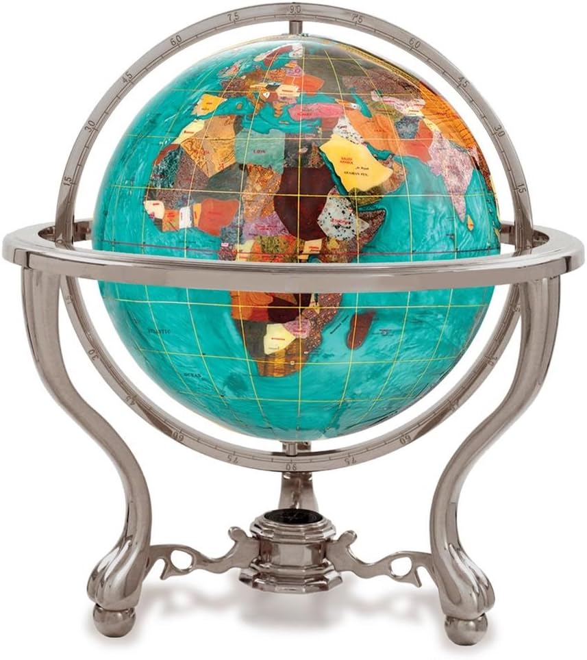 Gemstone Globe with Silver Commander 3-Leg Table Stand, Bahama Blue Opalite Ocean, 13-Inch