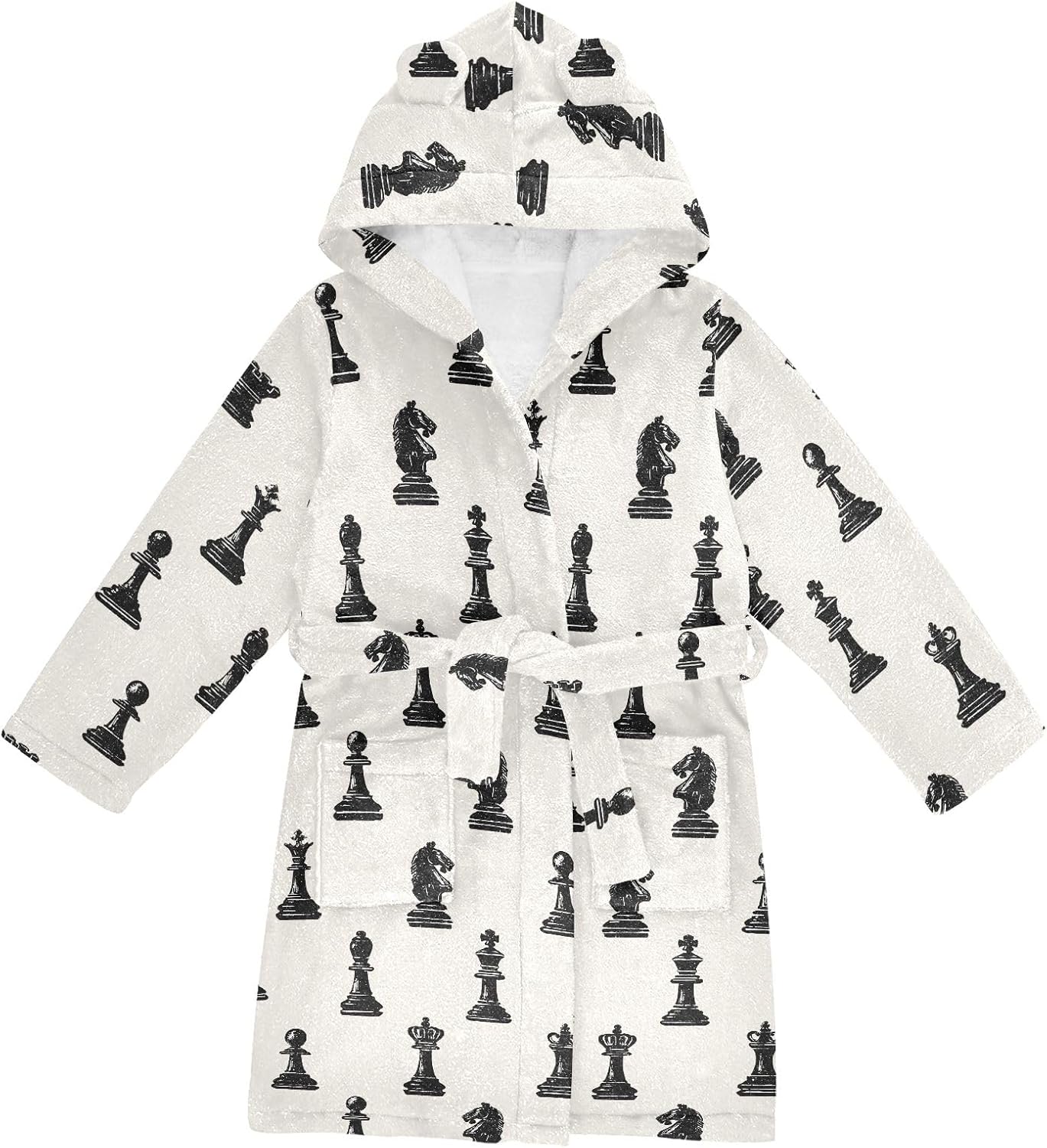 Black Chess Pattern Toddler Hooded Bathrobe for Boys Girls Soft Plush Bath Towel Robe 2-12 Years