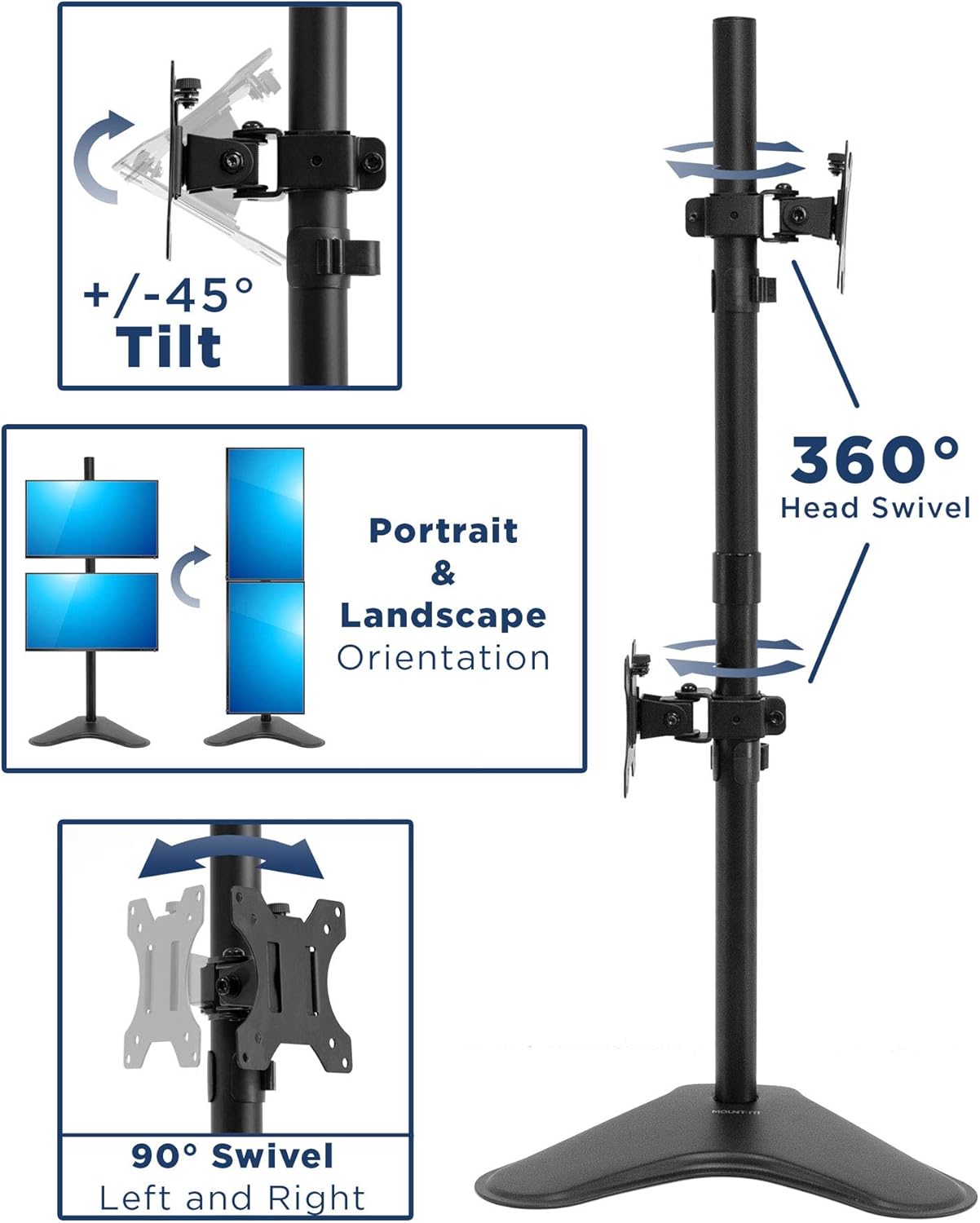 Mount-It! Vertical Dual Monitor Stand, Stacked Desk Mount Fits Two 13–32 Inch Screens up to 17.6 lbs Each, Height Adjustable Free Standing Pole with Tilt Swivel Rotate, Ergonomic VESA Riser, Black