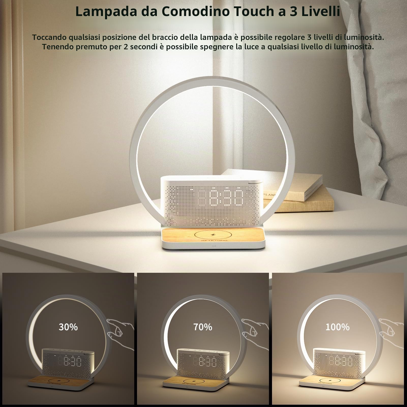 RETEYUNG Lampada da comodino con funzione di ricarica,caricatore wireless da 10W,Sveglia Con Luce,Wake Up Light,10 Suoni Natura,Touch Dimmerabile,3 livelli di luminosità,Adatto per camera da letto.