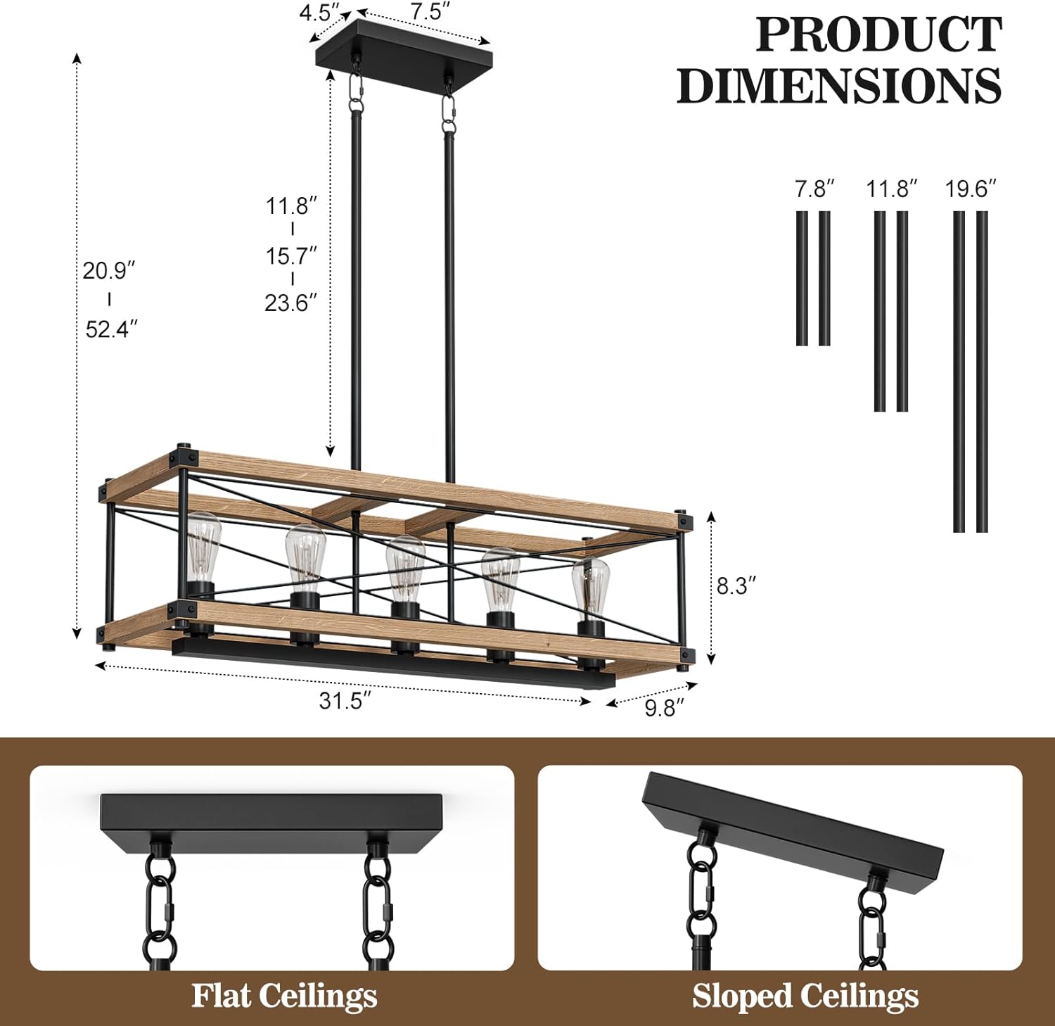Farmhouse Kitchen Island Lighting, 5-Light Solid Wood 31.5” Dining Room Pendant Light Fixtures, Rustic Chandelier with Adjustable Height for Dining Room Kitchen Bar Pool Table (Natural Wood)