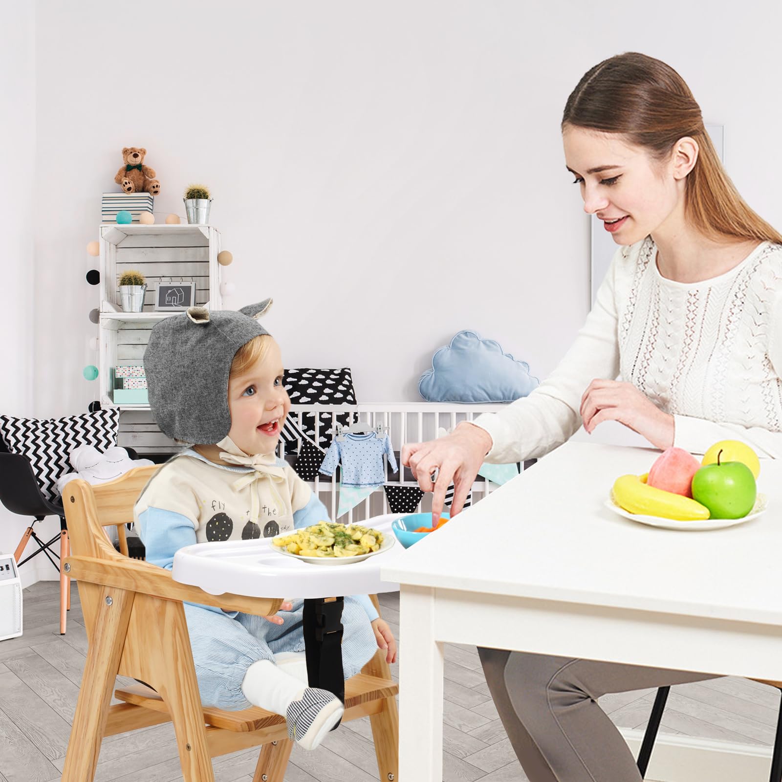 Trona bebé de Madera 4 en 1, Silla de Bebé para Comer con Altura Ajustable, Bandeja Desmontable, Asiento con Cinturón 3 Puntos, De 6 meses a 10 años, Madera natural