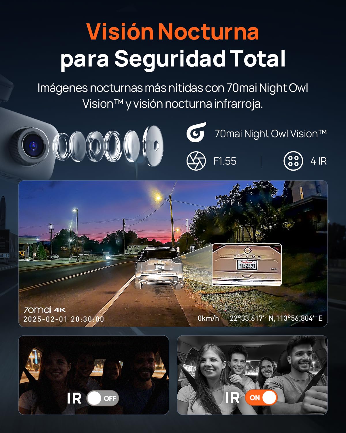 70mai Cámara de salpicadero T800E 4K de 3 canales, 4K+1080P + 1080P, cámara triple interior delantera y trasera con control de voz, HDR, visión nocturna IR, modo de estacionamiento, F1.55, GPS