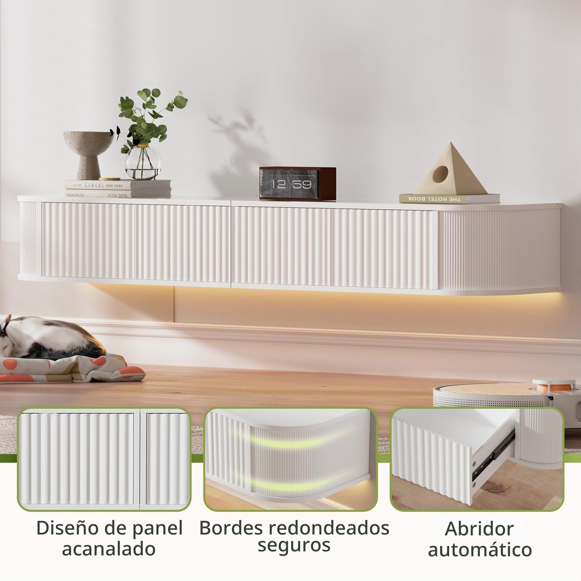 Mueble de TV Flotante con Luz LED - Mueble de TV Montado en Pared de 140CM con Almacenamiento Mejorado y Bordes Redondeados, Consola Multimedia de TV Moderna para Televisores 43-55 Pulgadas