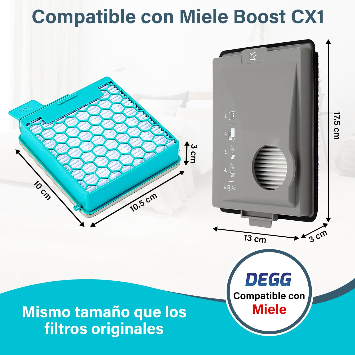 DEGG Juego de Filtros - Compatible con Aspiradoras Miele Boost CX1 - Filtros de repuesto SF-HY 60 y CX-FSF - Filtro Hepa y filtro de polvo fino - Ajuste perfecto - Accesorios para aspiradora