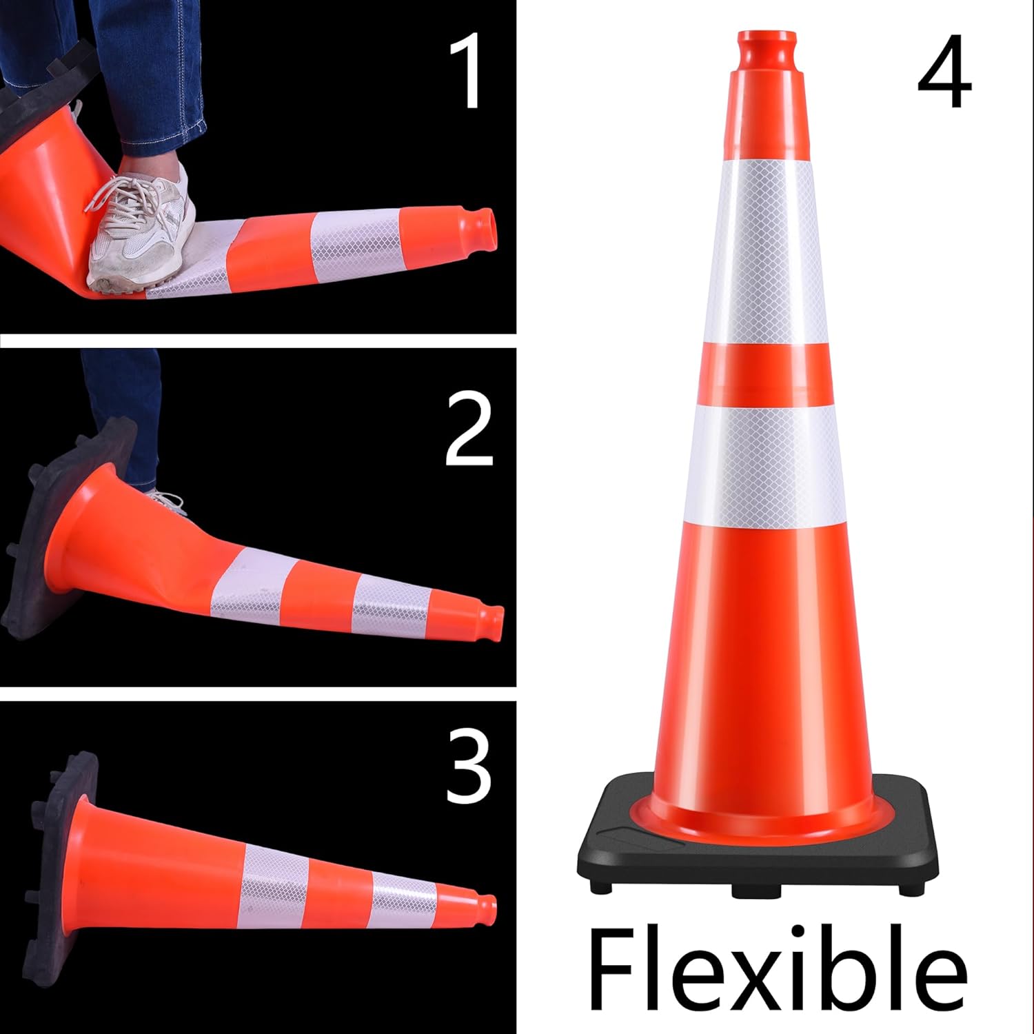28 Inch Traffic Cones (8 Pack),Heavy-Duty PVC Construction Cones with Weighted Black Base for Road Safety,Orange Safety Cones with Reflective Collars for Parking & Driver Training