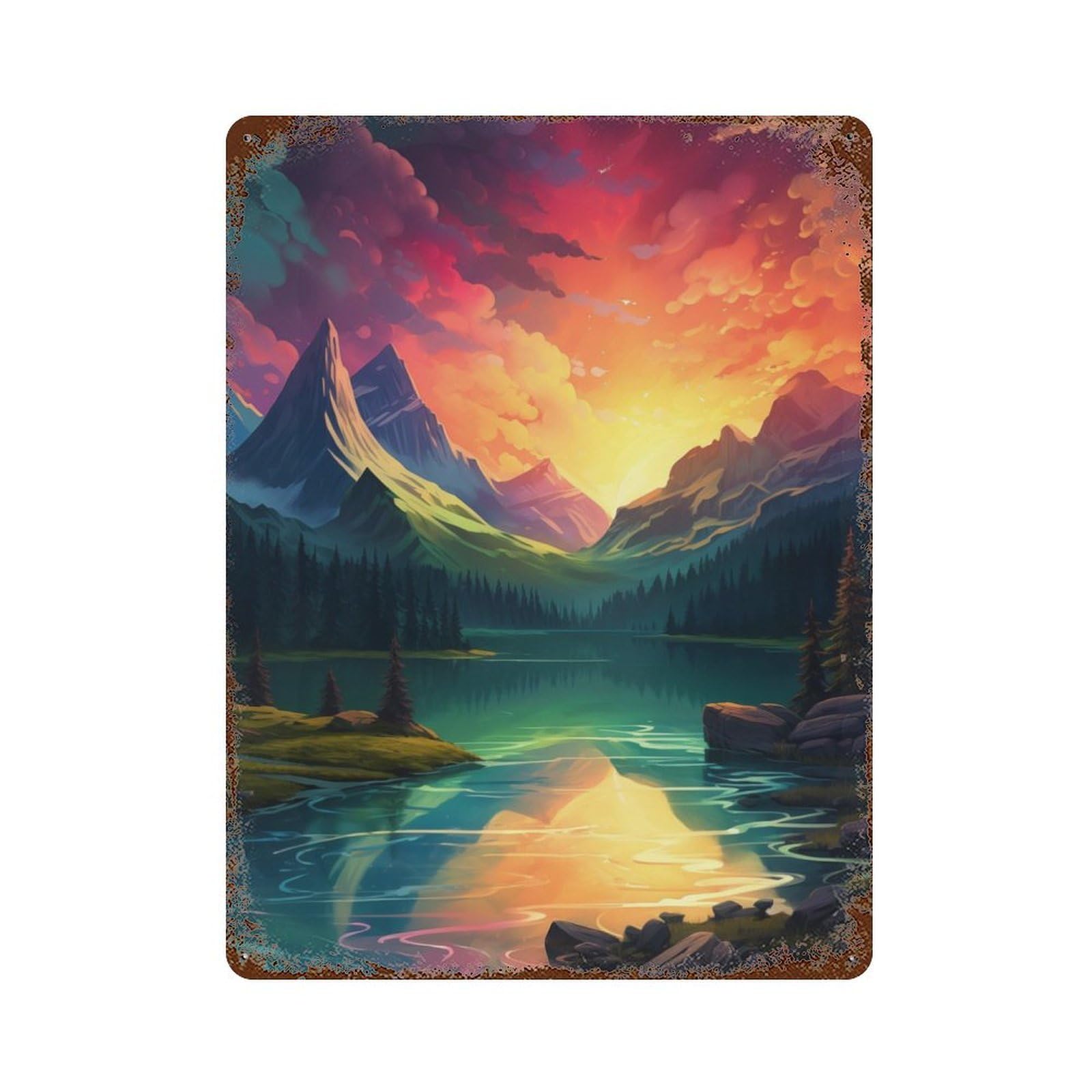 Mountain Lake Aurora Vintage Wall Sign 15.7"x11.8", Rust Effect Metal Decor for Farmhouse, Kitchen And Entryway Decor