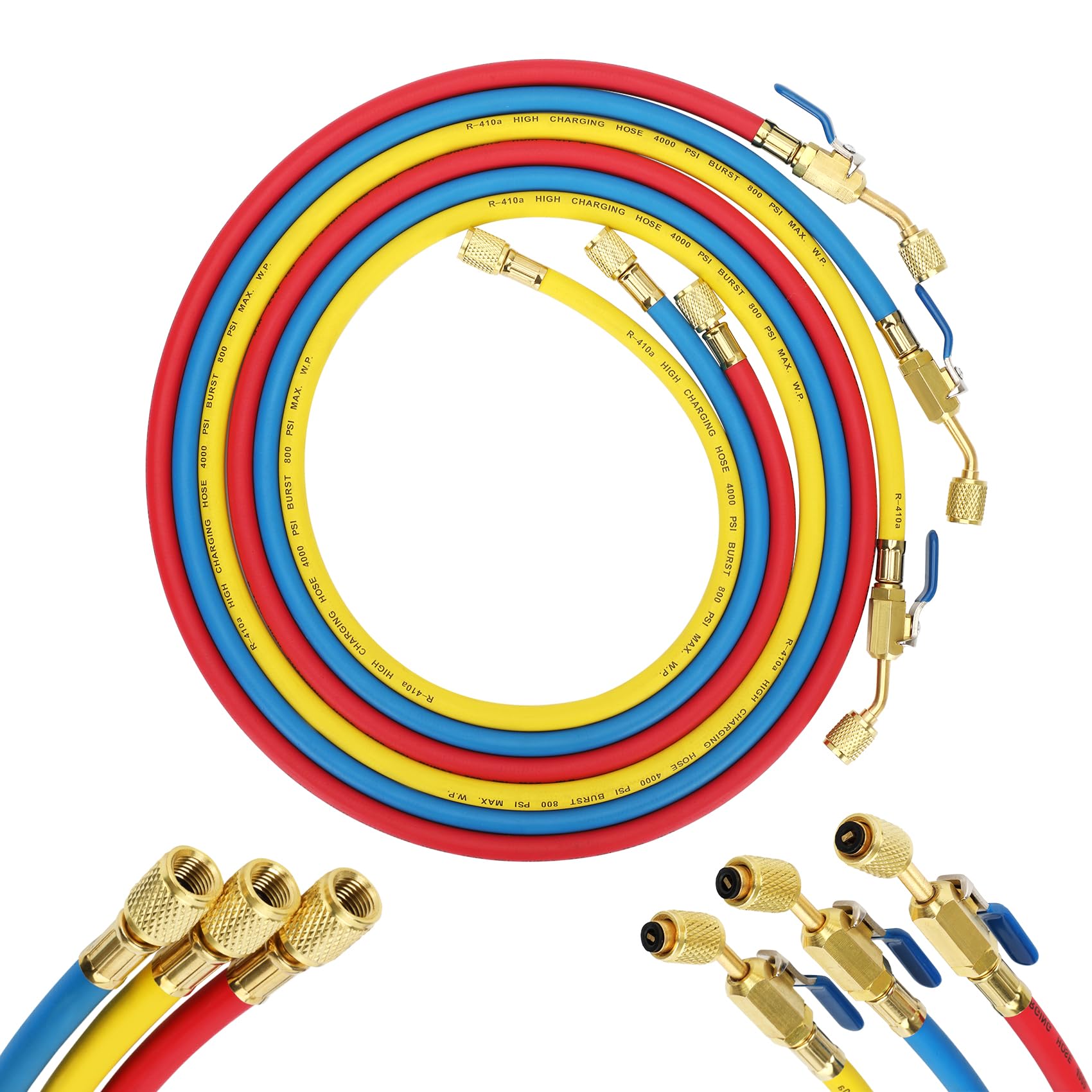 29985 Plus II 1/4"HVAC Hose with Compact Ball Valve (1/4" Flare) - 4000 PSI,60 Inch(5FT)Refrigerant Hose R410a, R134a, R407C, R502, R12, R22 Compatible,For Common Refrigerants Red/Yellow/Blue (3 Pack)