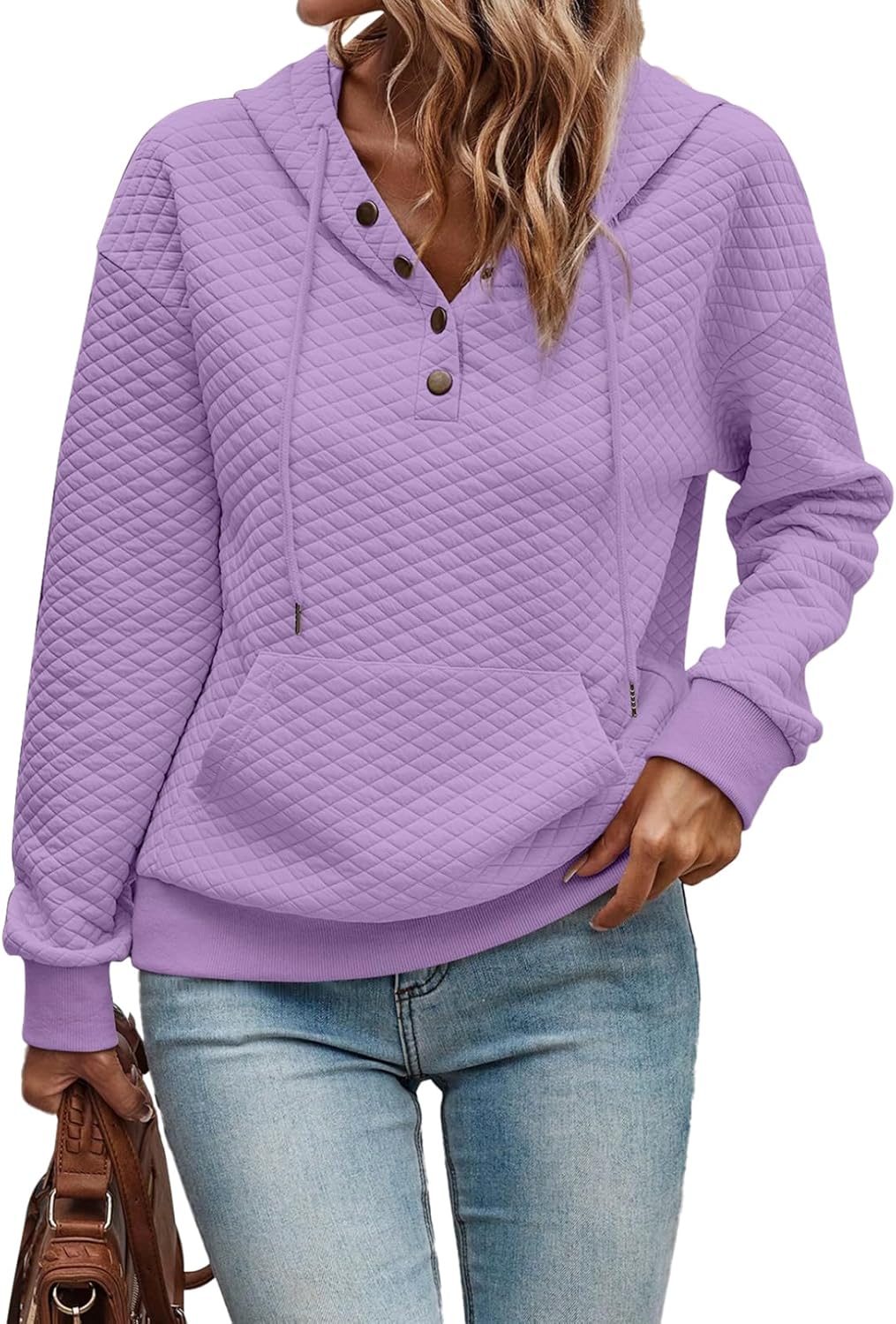 SHEWIN Quilted Hooded Sweatshirt with Snap Buttons