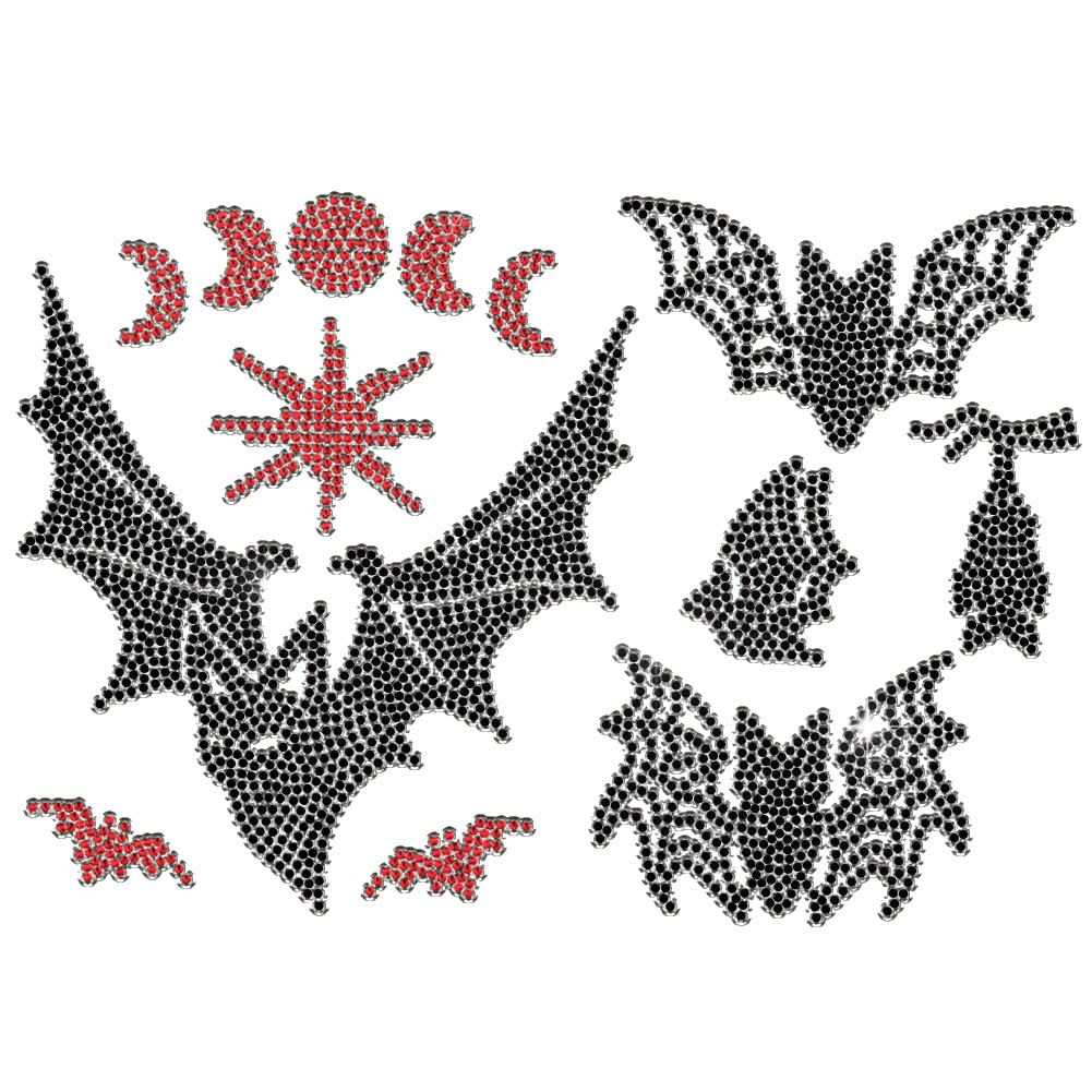 GOMAKERER 5 Pcs Bat Pattern Iron on Rhinestones Transfer, Bling Crystal Clothing Repair Applique Heat Transfer Patches for T-Shirt Vest Shoes Hat Jacket Pants Bags Decor