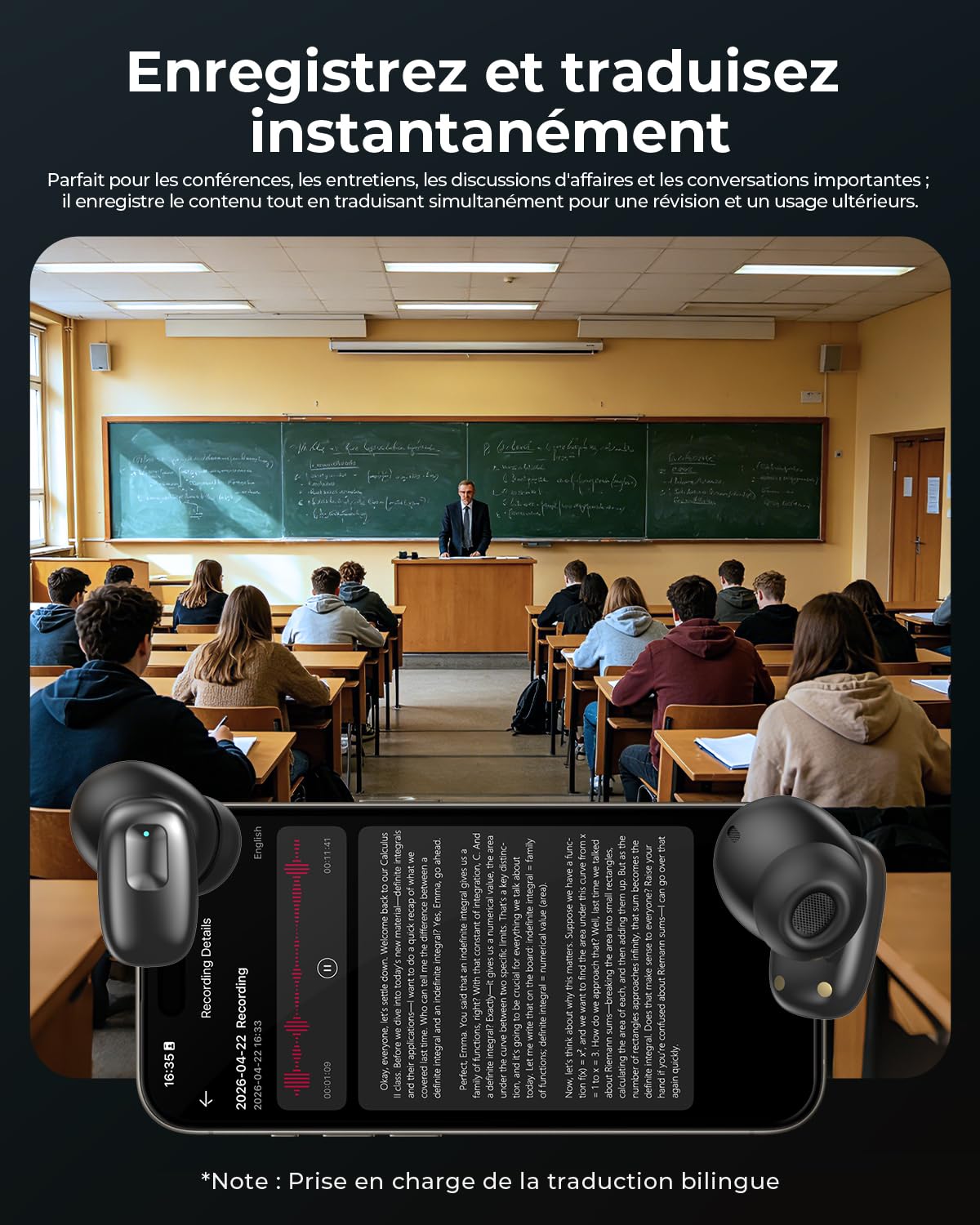 NE75 Écouteur Traducteur Instantané IA 165 Langues 6 Modes | Écouteurs Bluetooth Sans Fil avec Réduction de Bruit ANC et 40H Batterie, pour Voyage Affaires et Apprentissage, Noir