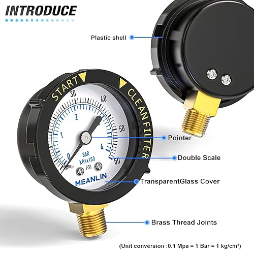 Miniatura 5 de MEANLIN MEASURE Marco de plástico de 0  60 psi, medidor de presión de arranque NPT de 14 pulgadas y filtro limpio, adecuado para piscina, spa,