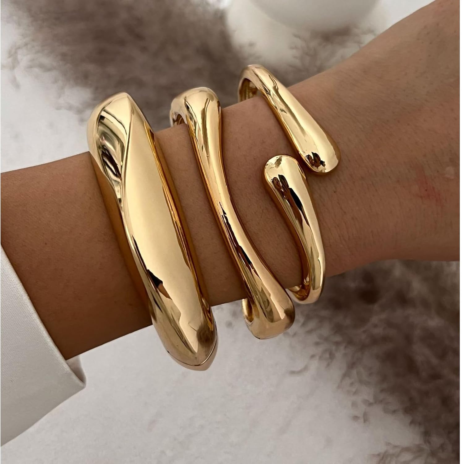 Gold Bangles for Women 3Pcs Chunky Gold Bangle Bracelets for Women Trendy Wide Wrist Cuff Bracelets Twisted Hinged Stackable Bangle Bracelet Set Fashion Jewelry Gifts - Image 2
