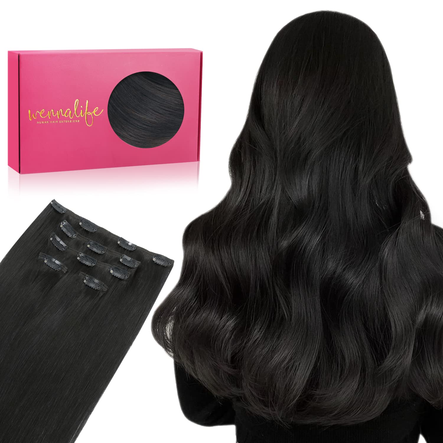 WENNALIFE Clip In Hair Extensions - 14 Inch 75g 5pcs Natural Black Remy Human Hair - Silky Real Hair Extensions