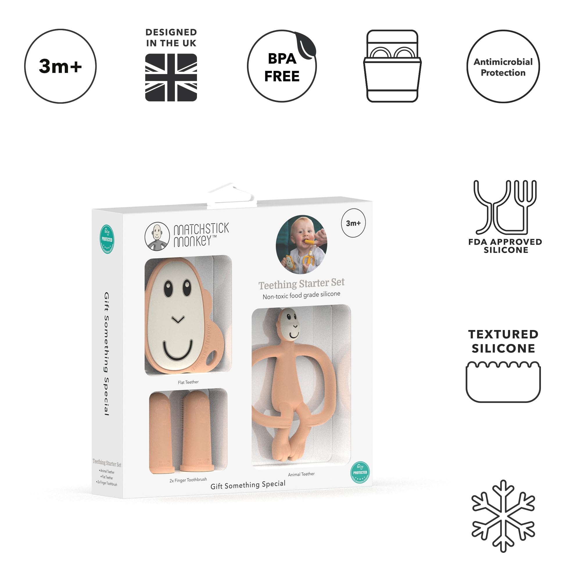 Matchstick Monkey, Antimicrobial Teething Starter Set, 1 Flat Face Teether, 1 Animal Teether, 2 Silicone Finger Toothbrushes - Image 2