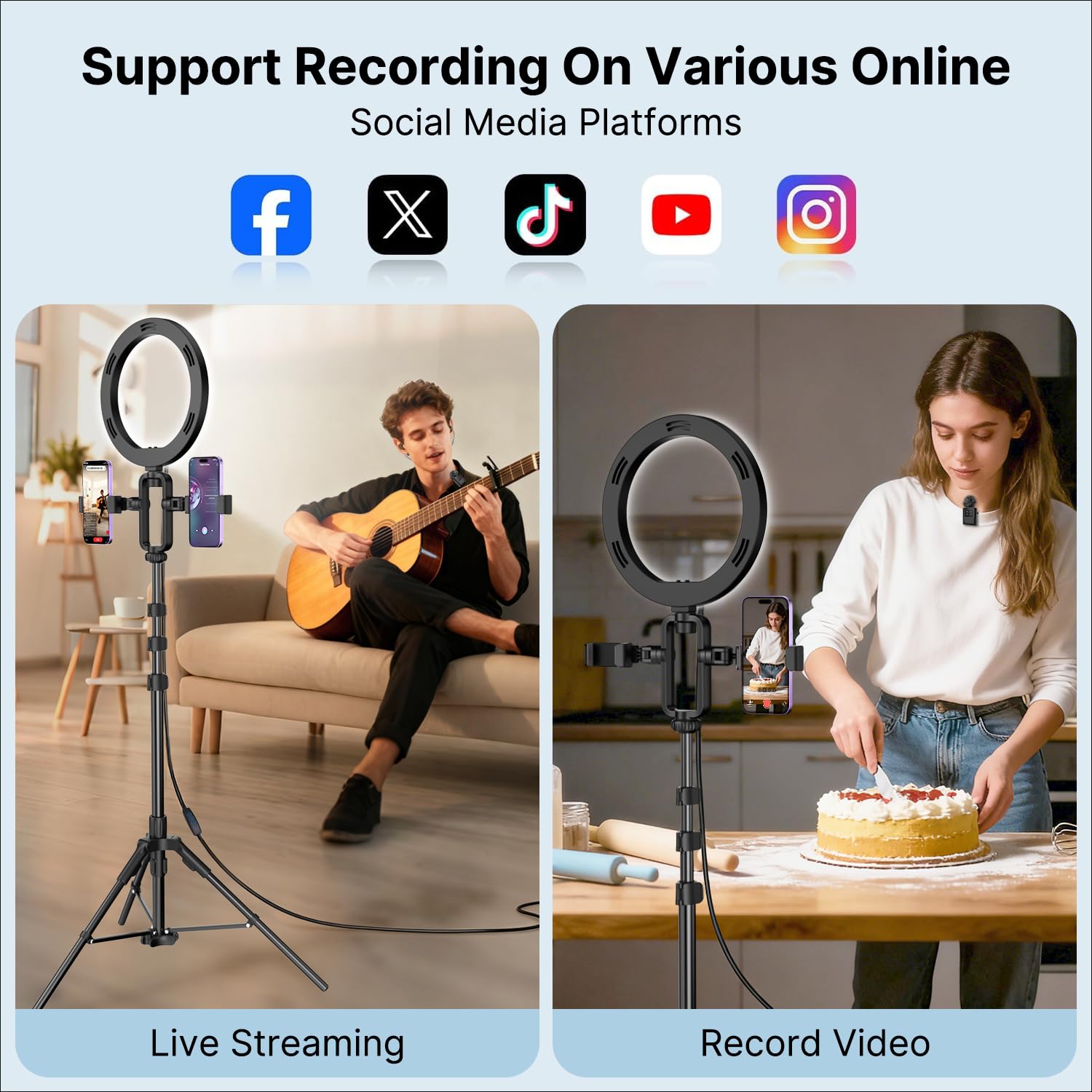 yAyusi Kit de Vlogging para iPhone/Android, Trípode Extensible de 198 cm con Micrófono/Anillo de Luz/Soporte para Teléfono/Control Remoto, Adecuado para Grabación de Vídeo y Transmisión en Vivo