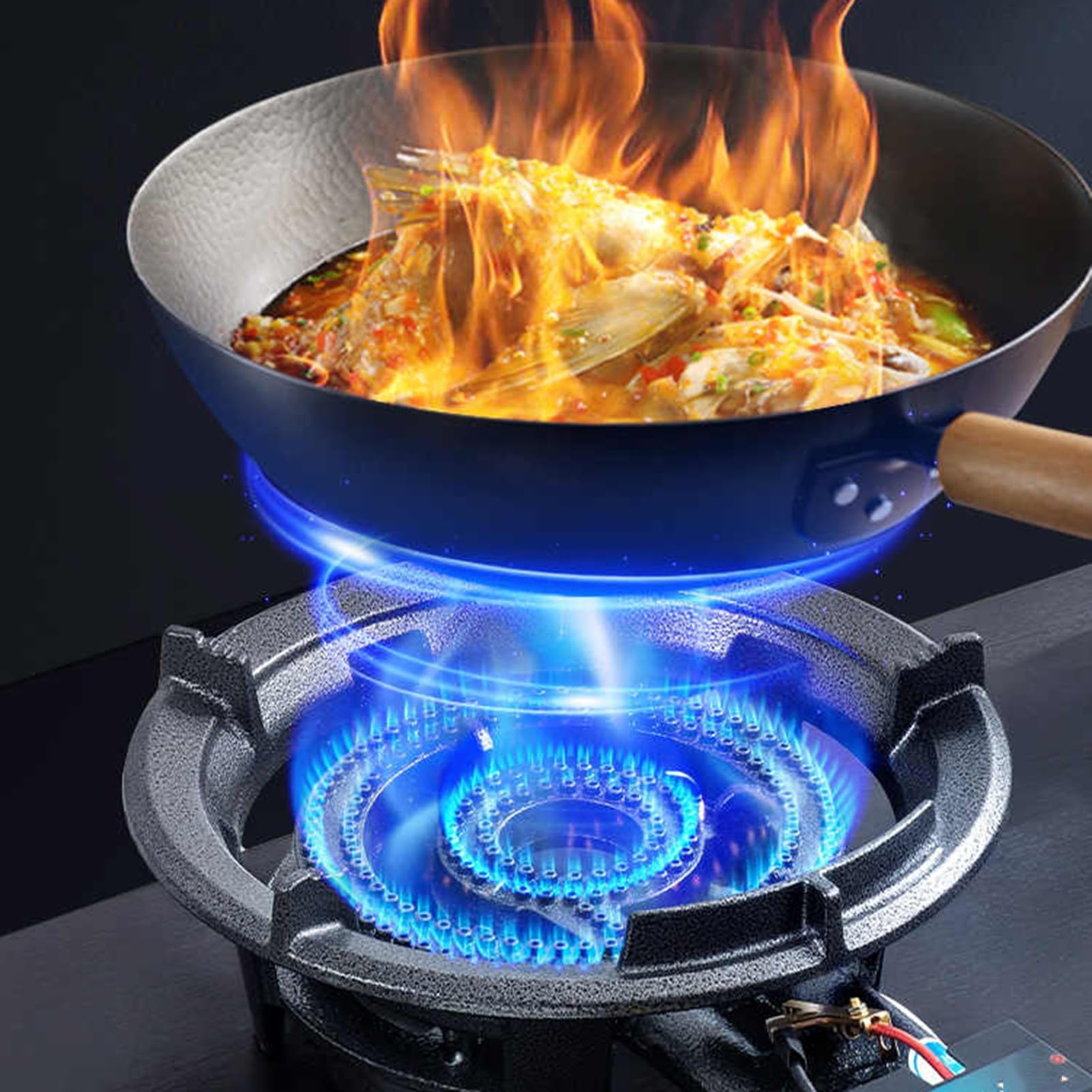 Estufa de gas de 8,7 KW, quemador de wok de doble anillo de fuego de alto rendimiento, encimera comercial de GLP/natural, protección contra fallos de llama, estante de hierro fundido