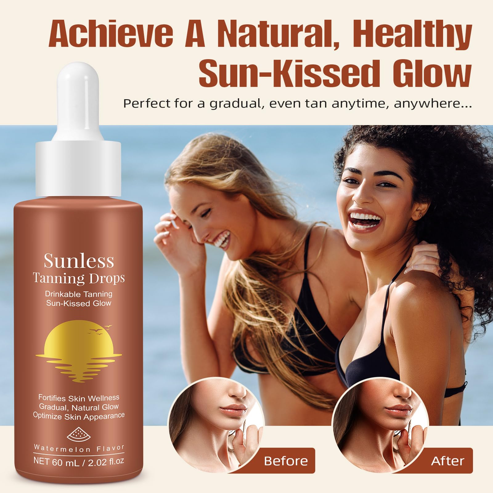 Gotas de bronceado sin sol para beber, gotas de bronceado sin sol 2025, mejora tu tono natural de piel para un brillo genuino y bañado por el sol, gotas nutritivas autobronceadoras de 60 ml (2